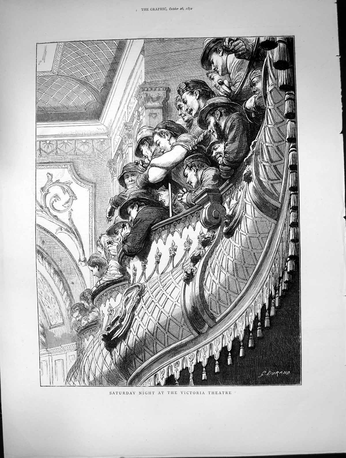 Original Old Antique Print Saturday Night Victoria Theatre Crowded Balcony 1872