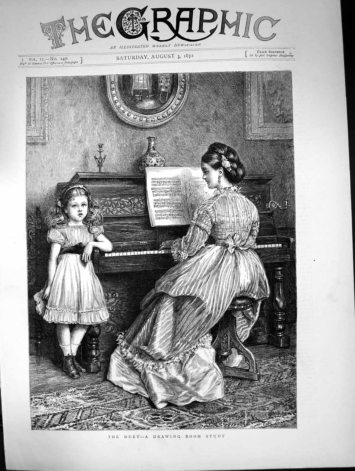 Original Old Antique Print Duet Drawing Room Study Girl Lady Playing Piano 1872