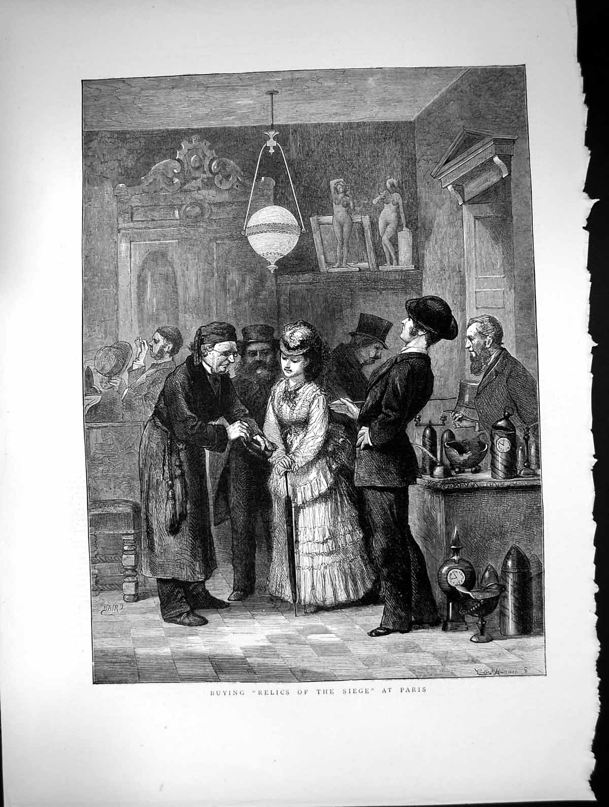 Old Antique Print Buying Relics Siege Paris Shopkeeper Showing Lady 1872 19th