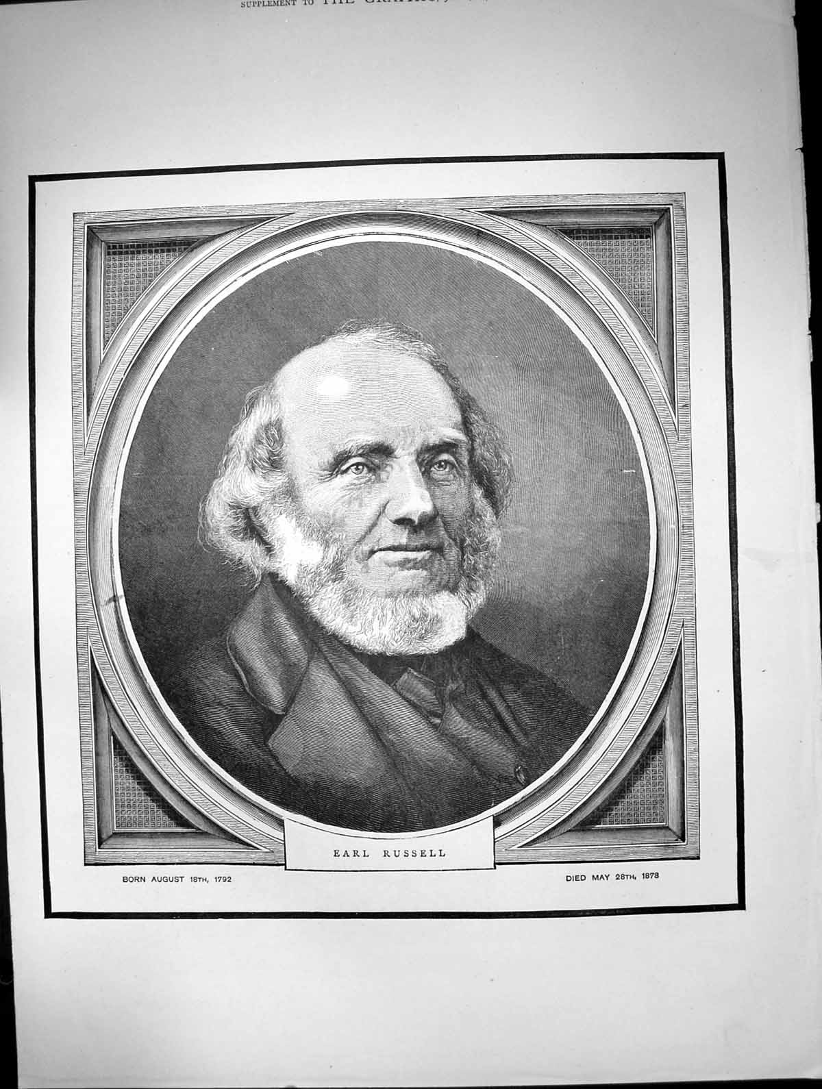 Original Old Antique Print Portrait Earl Russell Born 1792 Died 1878 1878 18th