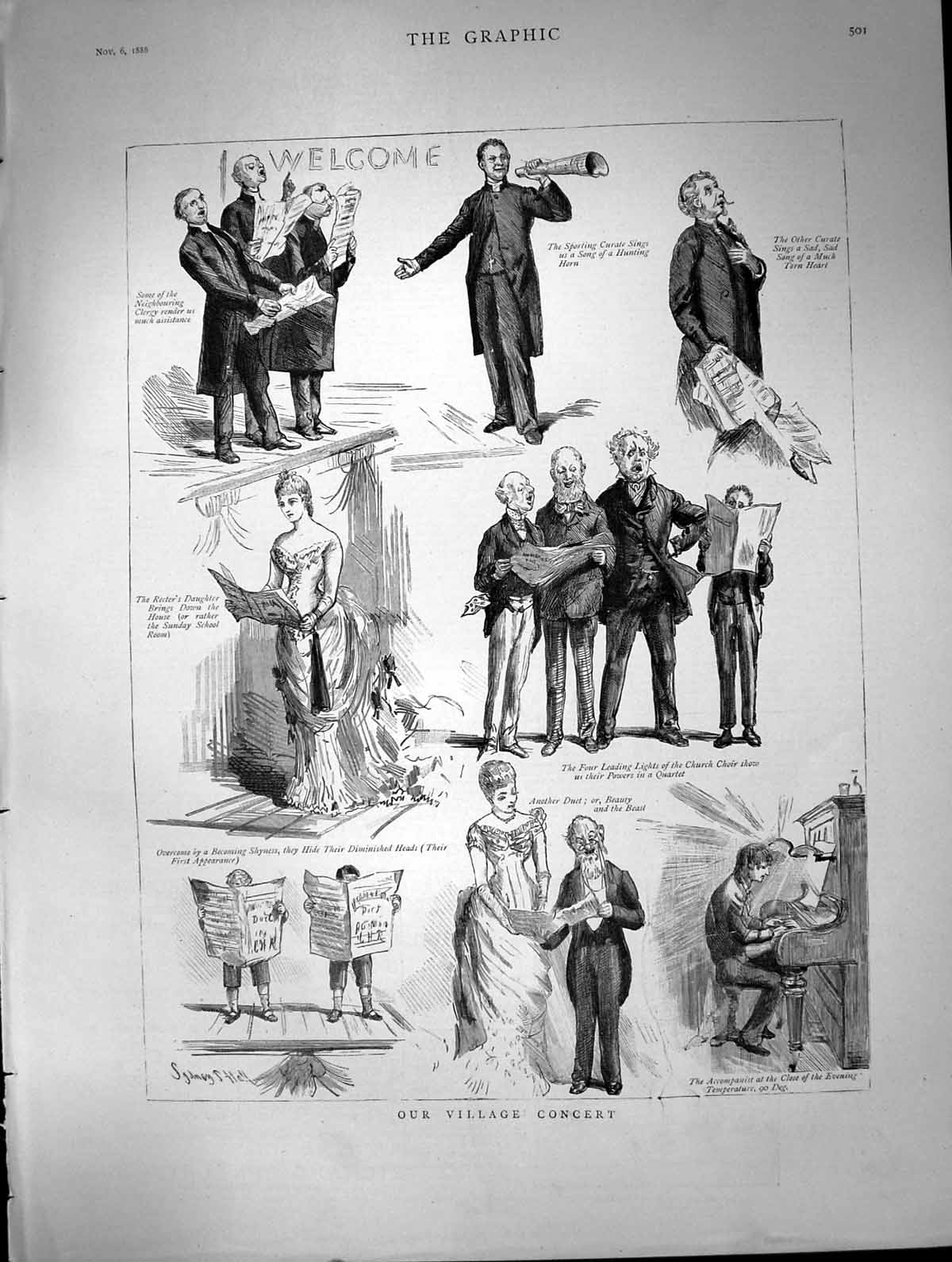 Antique Old Print Village Concert Church Choir Singers Accompanist Duet 1886