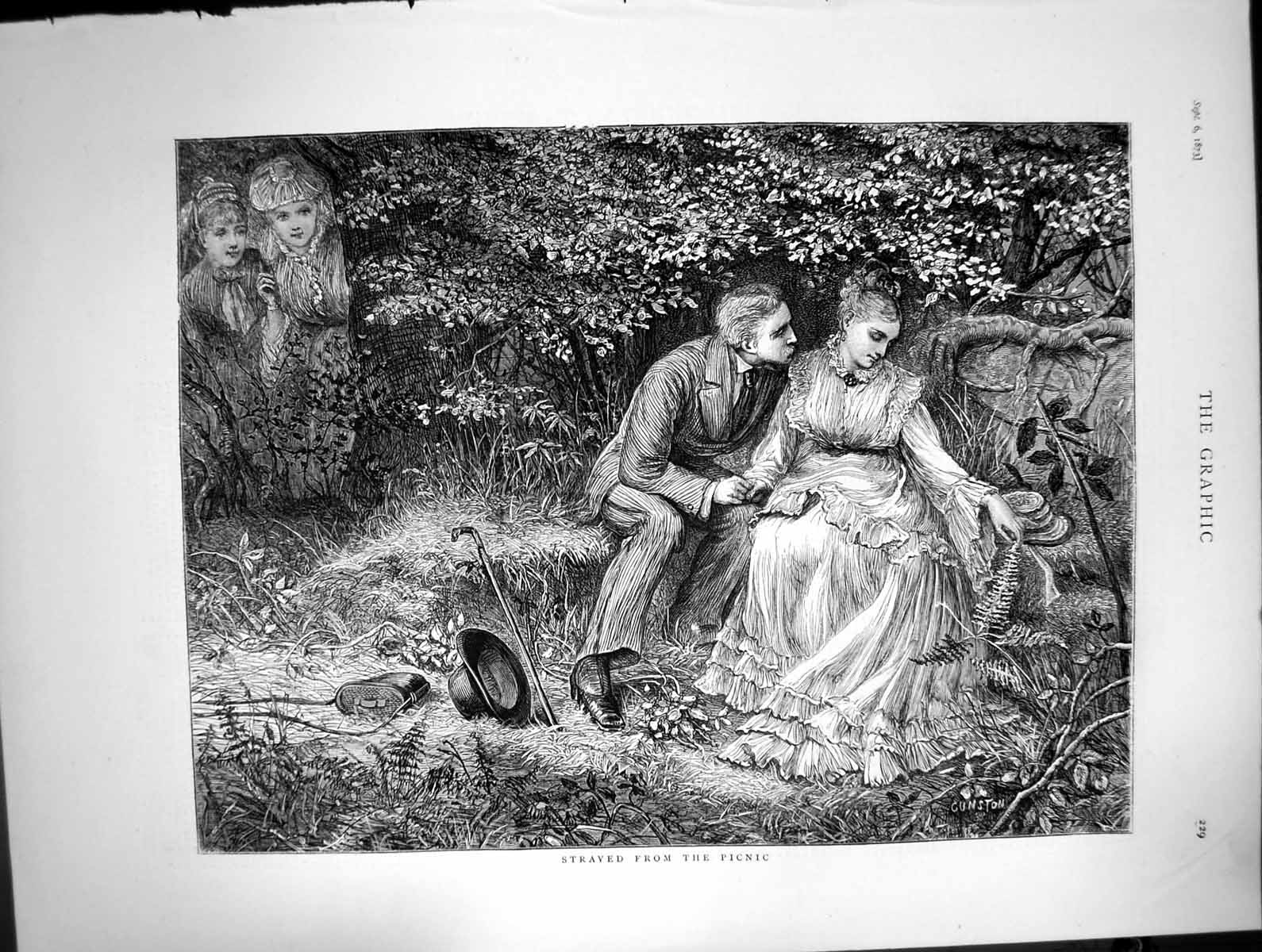 Old Antique Print Strayed From Picnic Gentleman Kissing Lady Woods 1873 19th