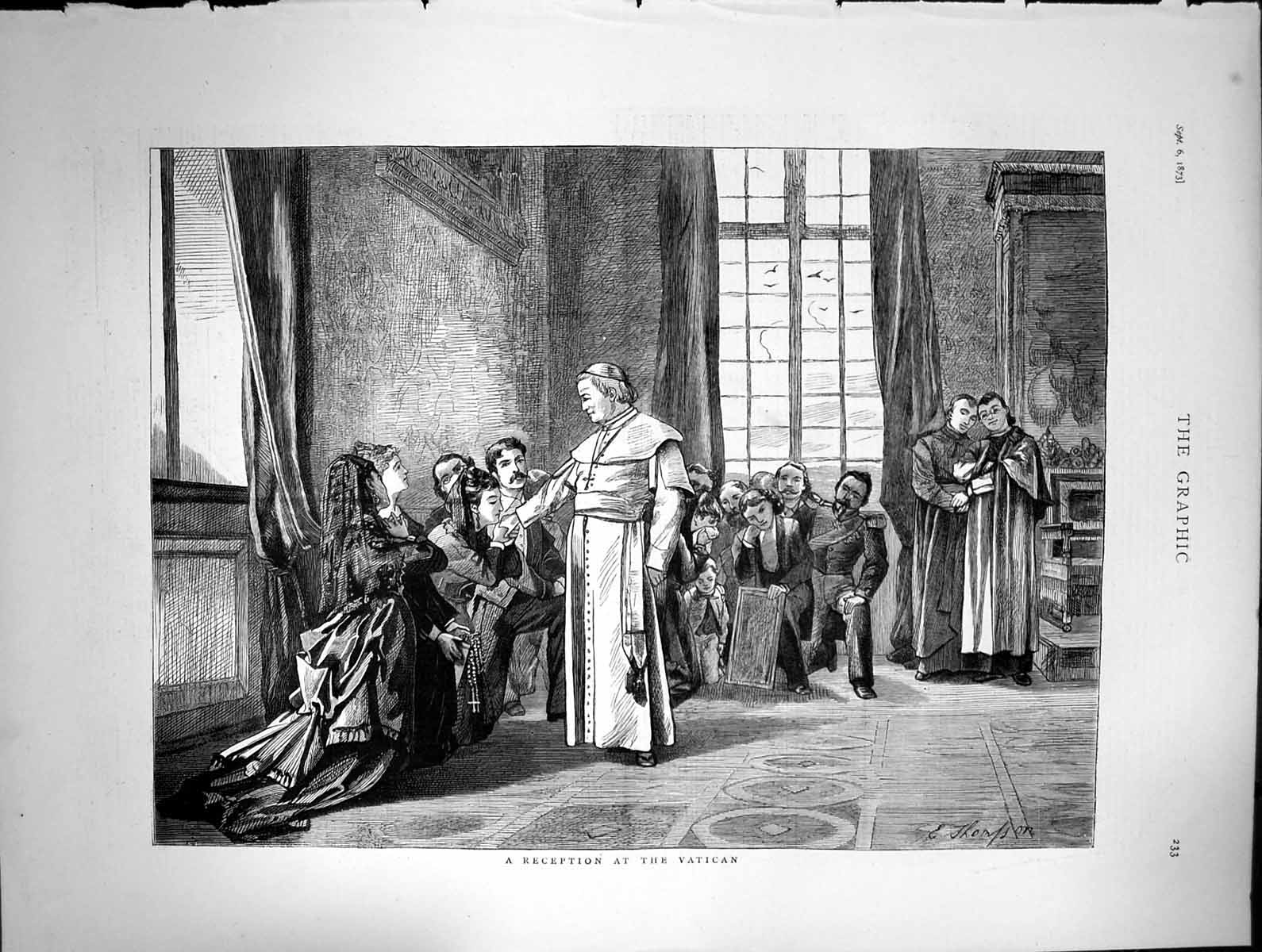 Original Old Antique Print Reception Vatican Lady Kissing Hand Pope 1873 19th