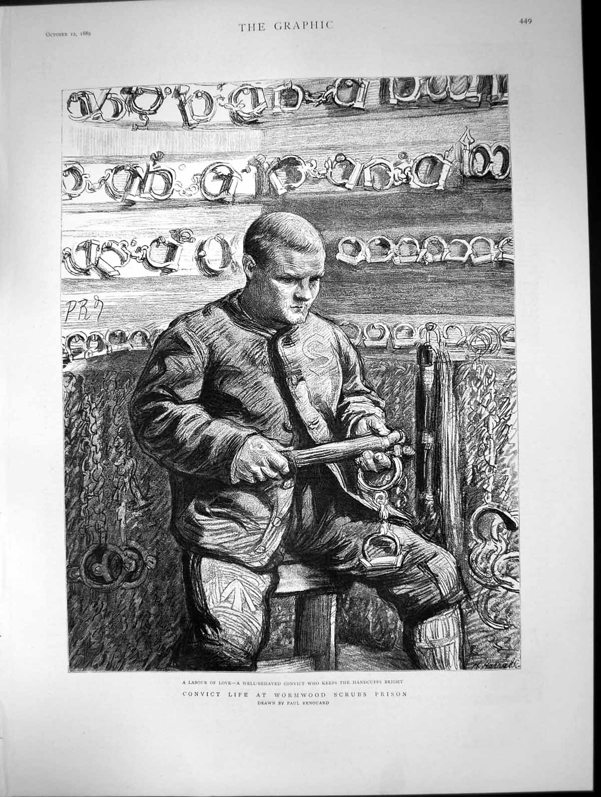 Antique Old Print Life Wormwood Scrubs Prison Convict Polish Handcuffs 1889