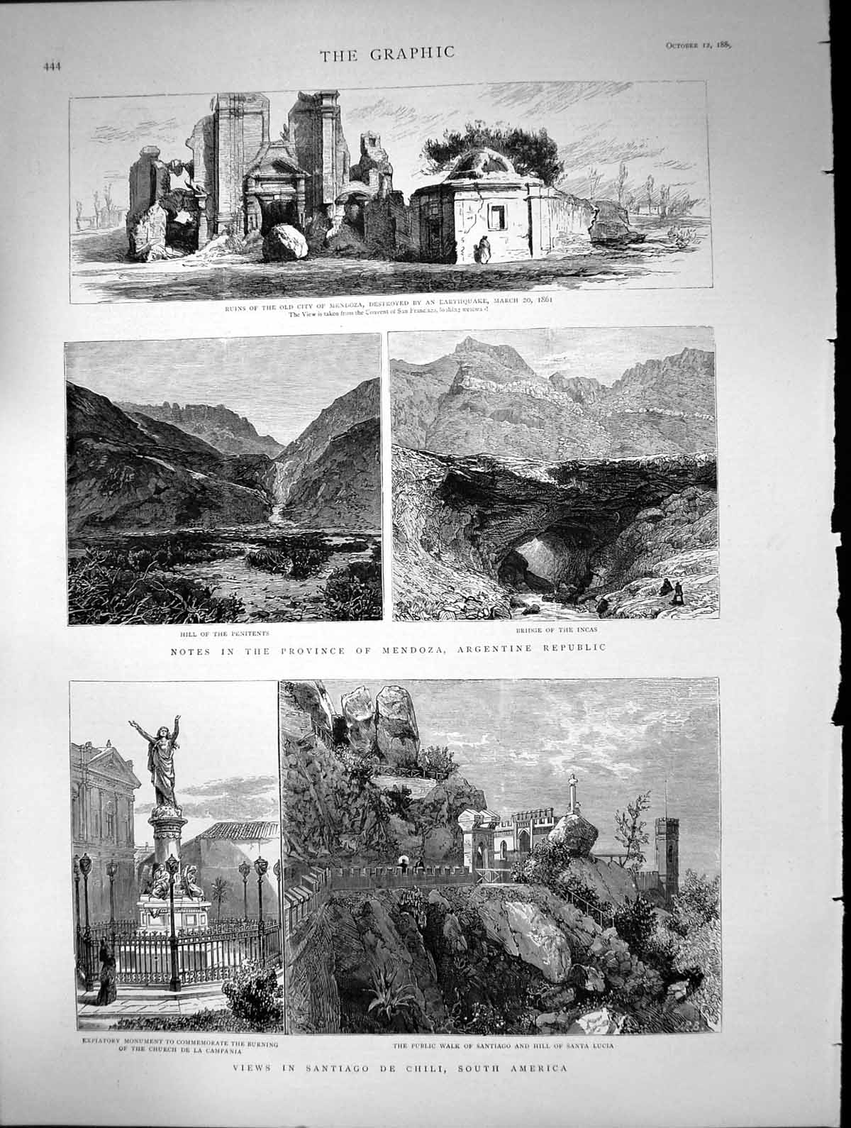 Old Antique Print Province Mendoza Santiago De Chili South America 1889 19th