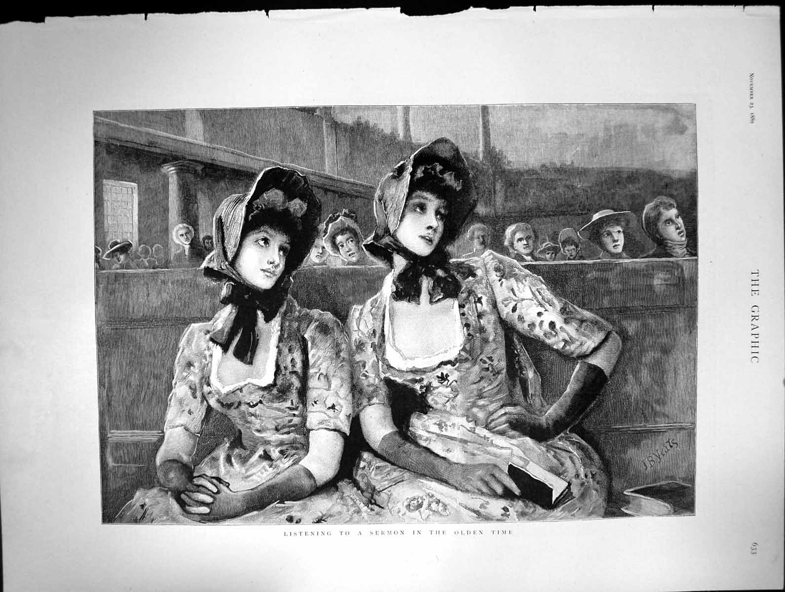 Original Old Antique Print Young Women Listening Sermon Church en Times 1889
