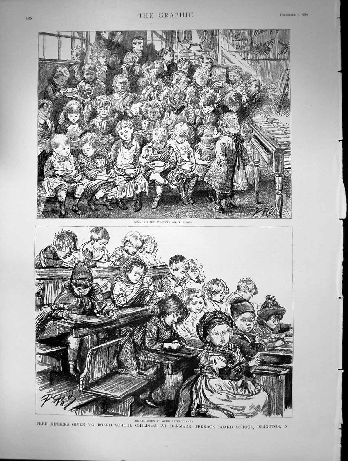 Antique Old Print Free Dinners Denmark Terrace Board School Islington 1889 19th