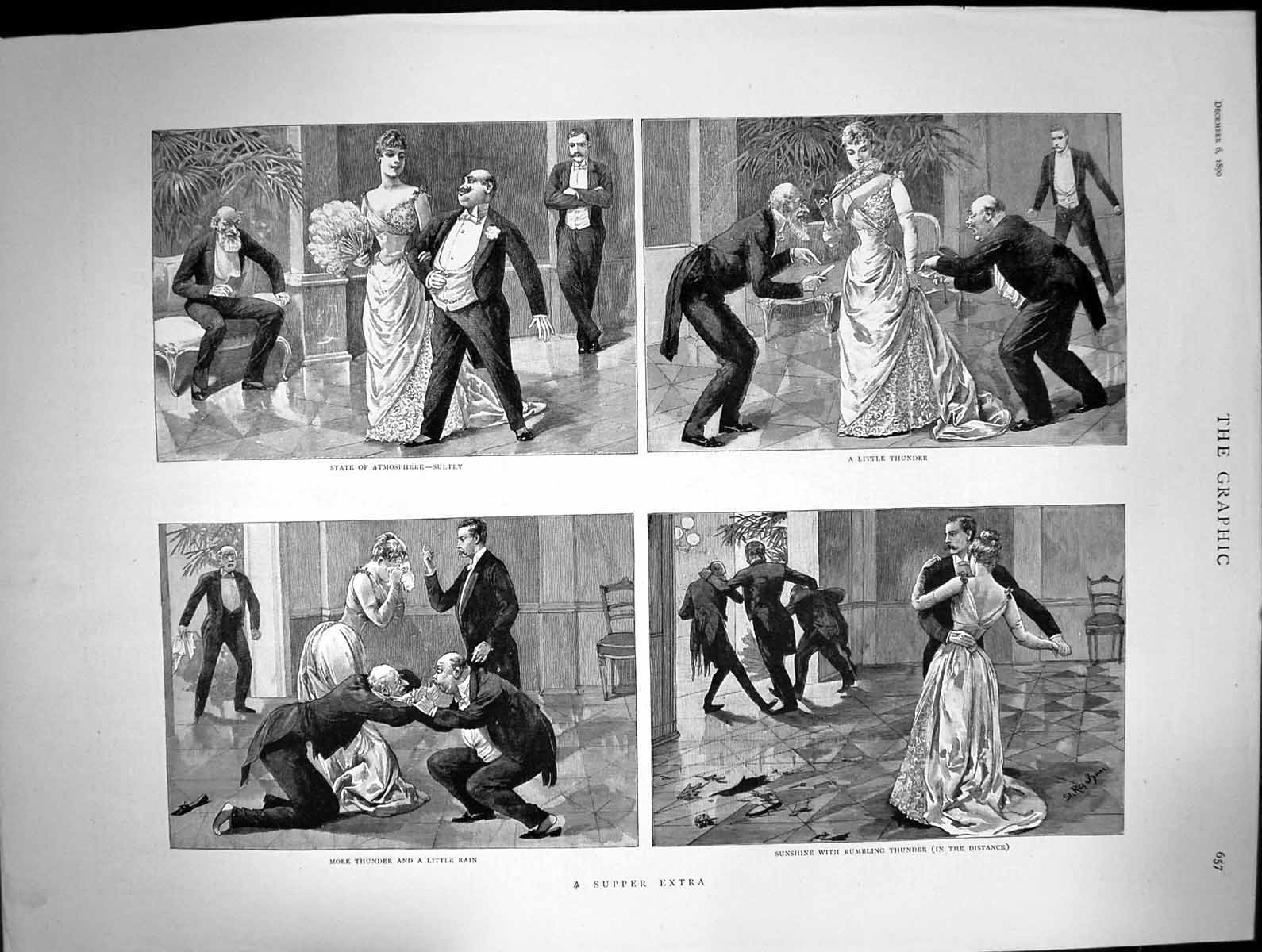 Original Old Antique Print Supper Extra Choosing Partner Dance With Lady 1890