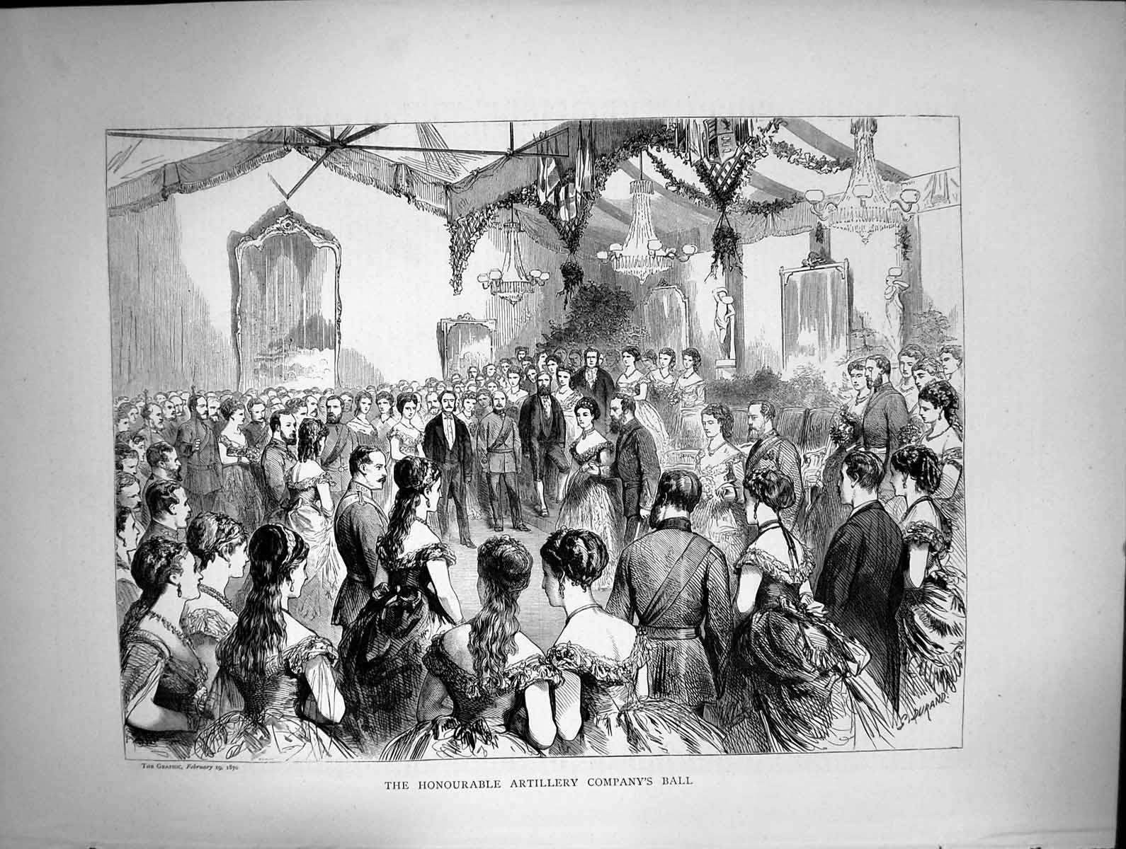 Original Old Antique Print Honourable Artillery Companys Ball Ballgowns 1870