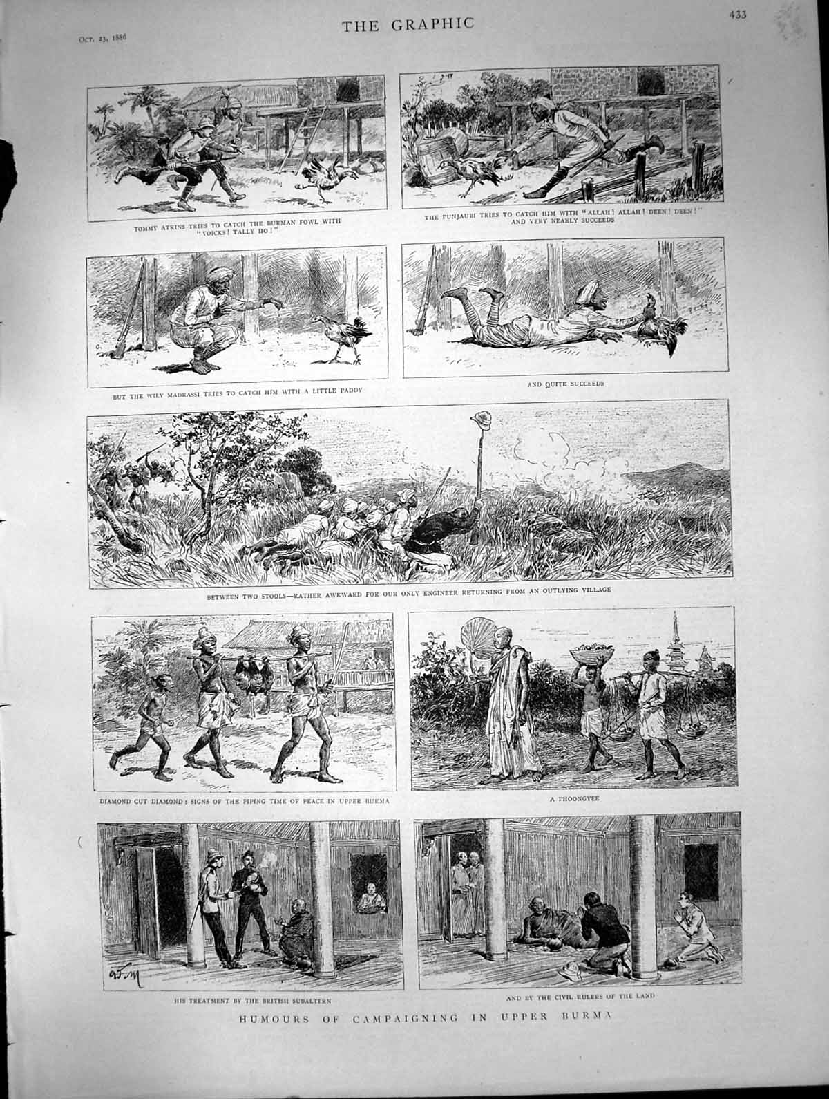 Old Antique Print Humours Campaigning Upper Burma Punjaubi Phoongyee 1886 19th