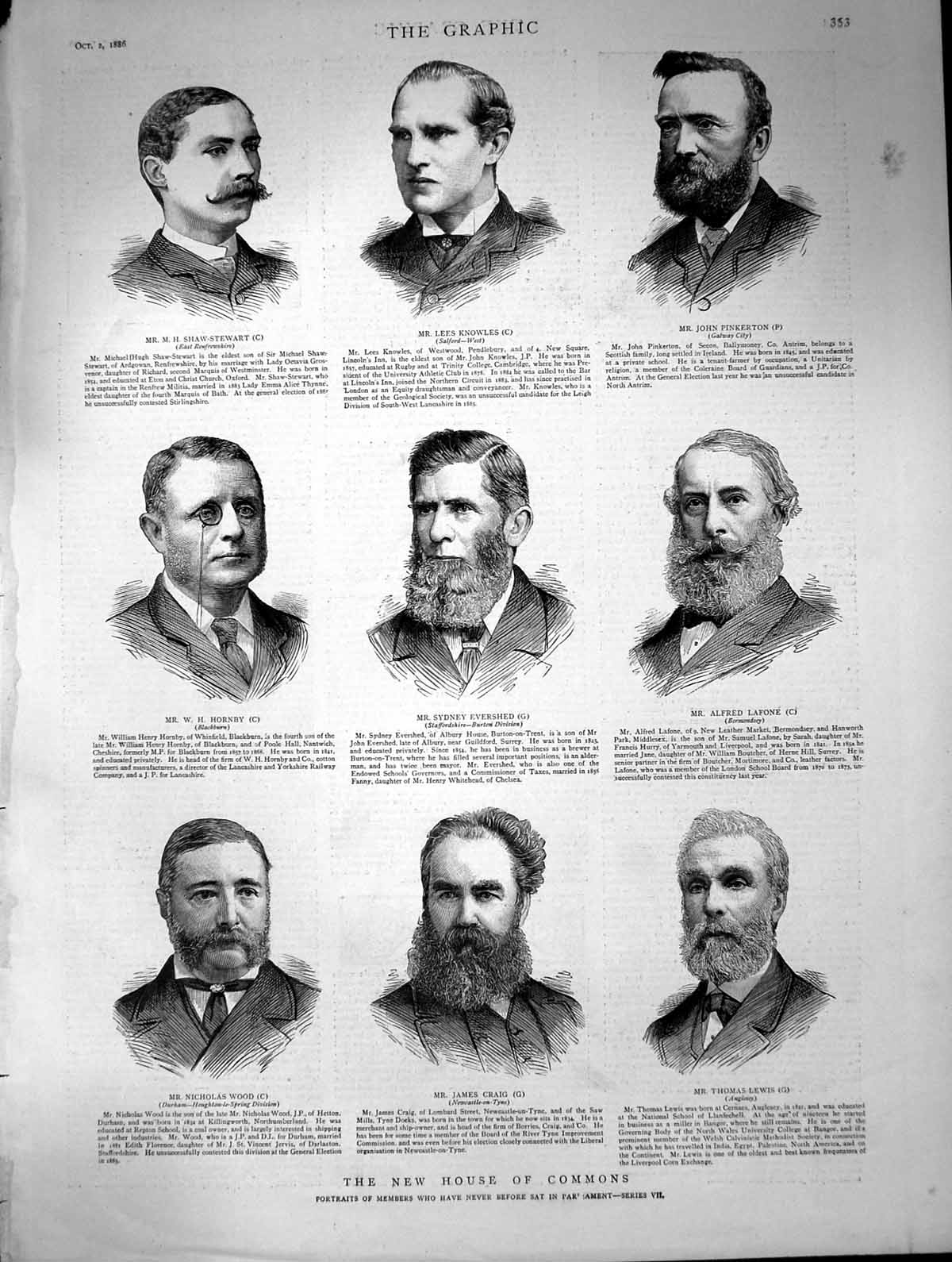 Old Antique Print Portraits New Members House Commons Lees Knowles 1886 19th