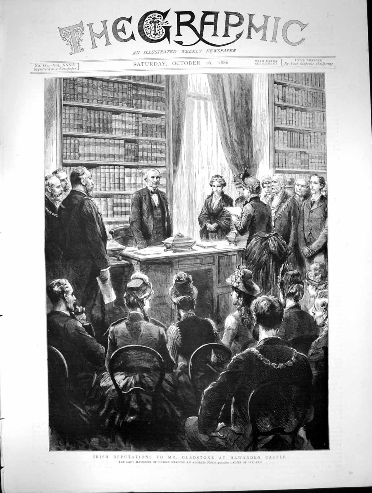 Original Old Antique Print Irish Deputations Mr Gladstone Hawarden Castle 1886