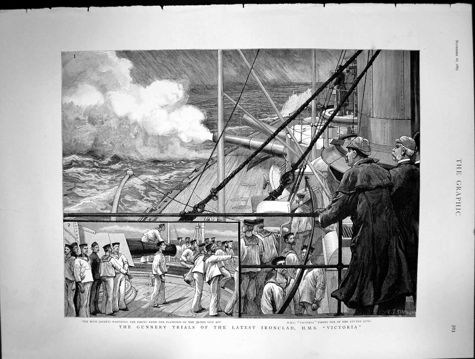 Antique Print Gunnery Trials Latest Ironclad Hms Victoria Blue Jackets 1889