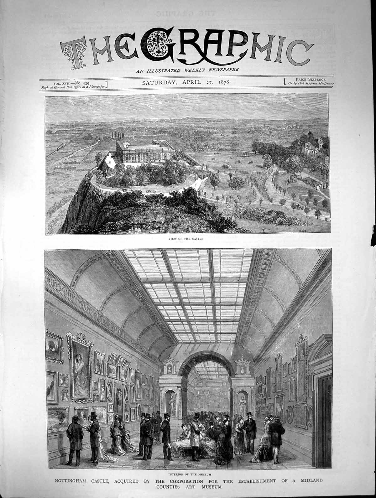 Old Antique Print Nottingham Castle Establishment Midland Art Museum 1878 19th