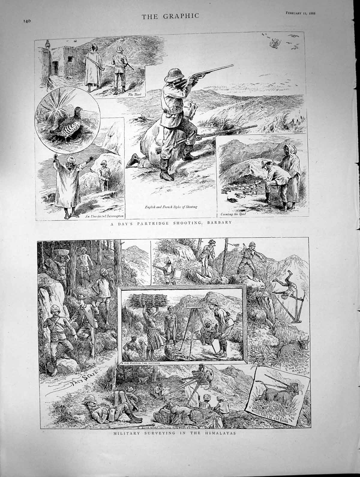 Antique Print Military Surveying Himalayas Partridge Shooting Barbary 1888 19th
