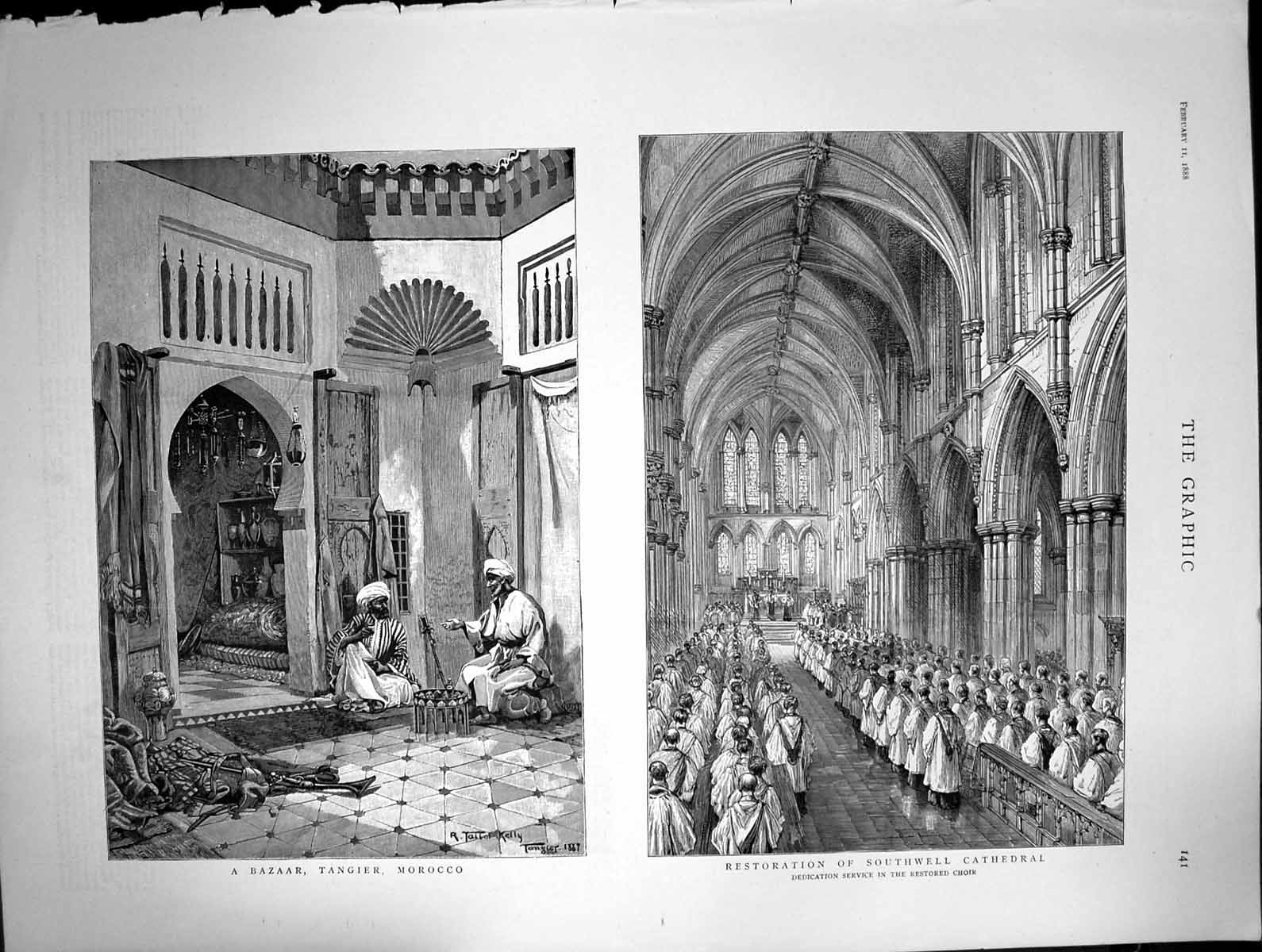 Antique Old Print Bazaar Tangier Morocco Restoration Southwell Cathedral 1888