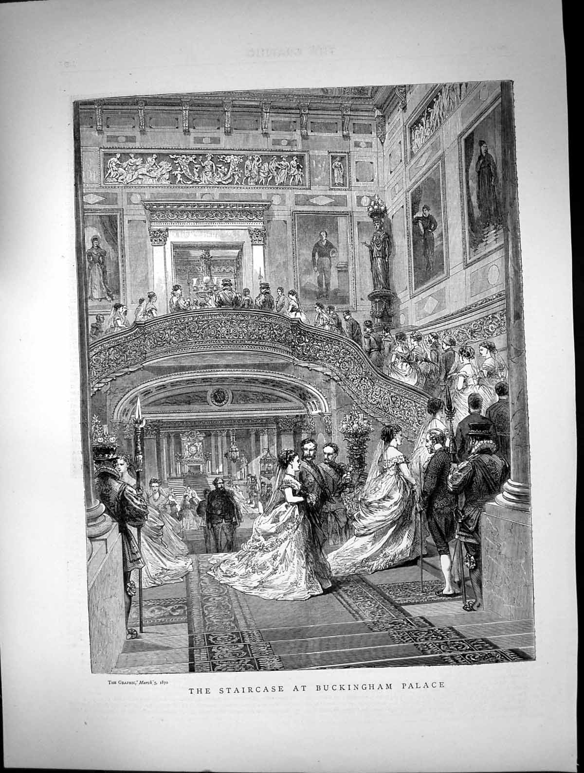 Original Old Antique Print Staircase Buckingham Palace Ladies Gowns Gents 1870