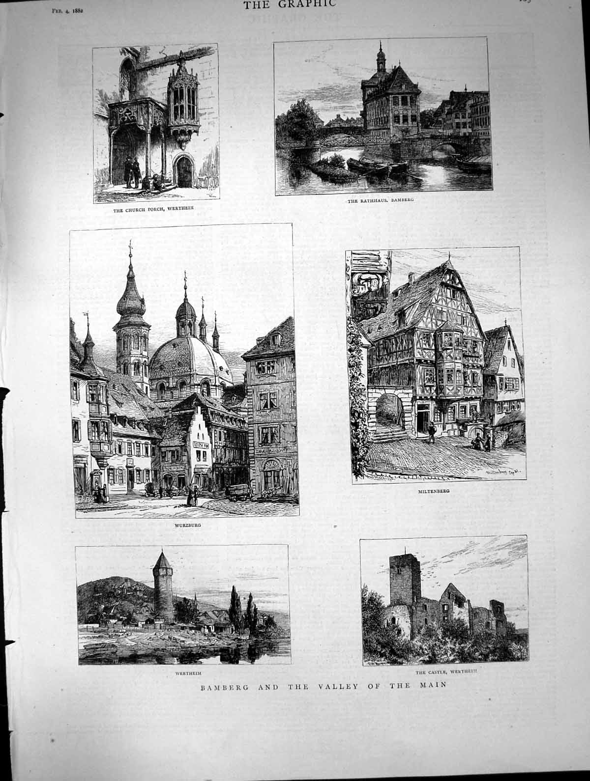 Antique Old Print Bamberg Valley Main Wurzburg Castle Wetheim Miltenberg 1882
