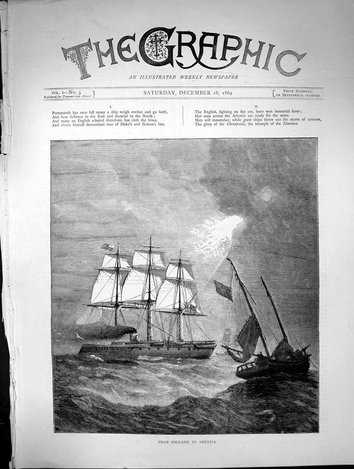 Old Antique Print From England To America Large Small Sailing Ships 1869 19th
