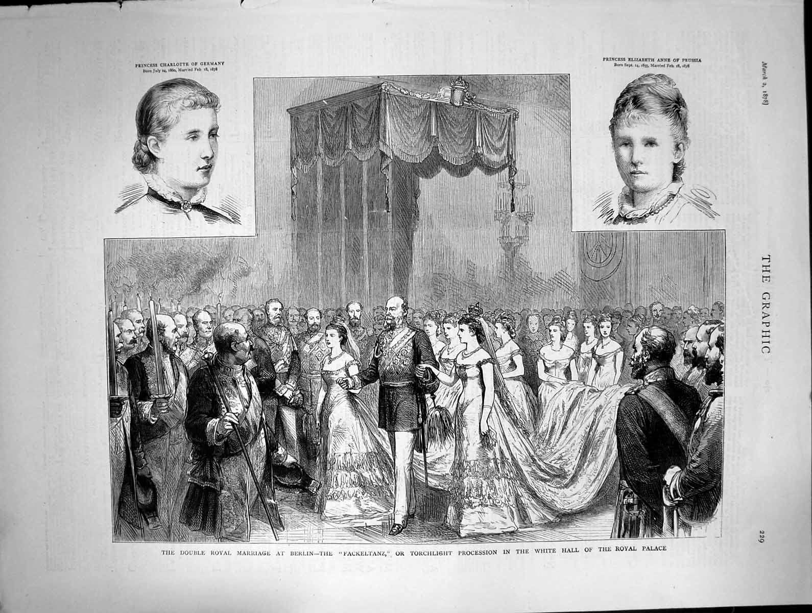 Old Print Double Royal Marriage Berlin Princess Charlotte Elizabeth 1878 19th
