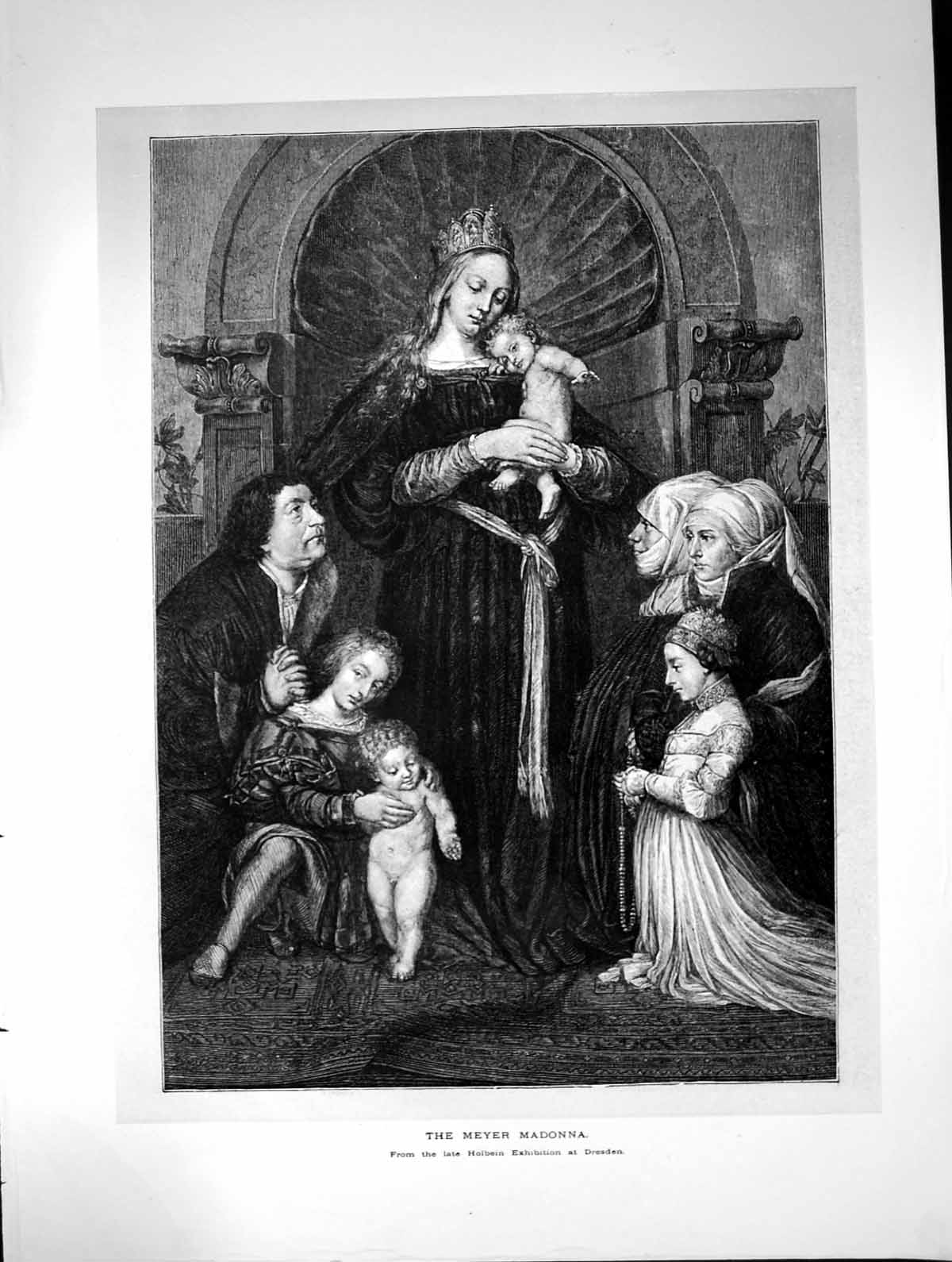 Antique Old Print Meyer Madonna Holbein Exhibition Dresden Woman Baby 1872 19th