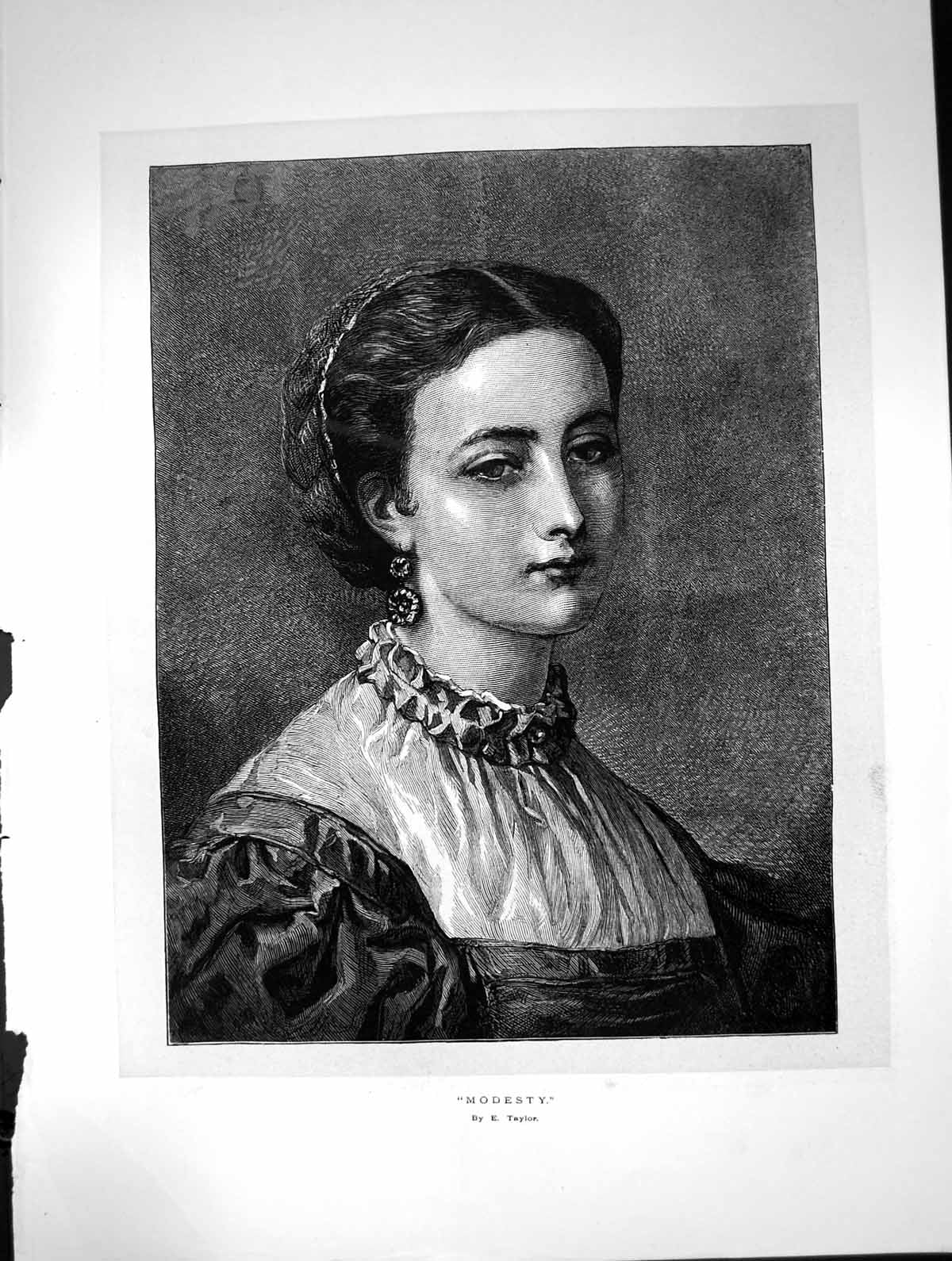Original Old Antique Print Modesty E Taylor Portrait Young Woman Earrings 1872