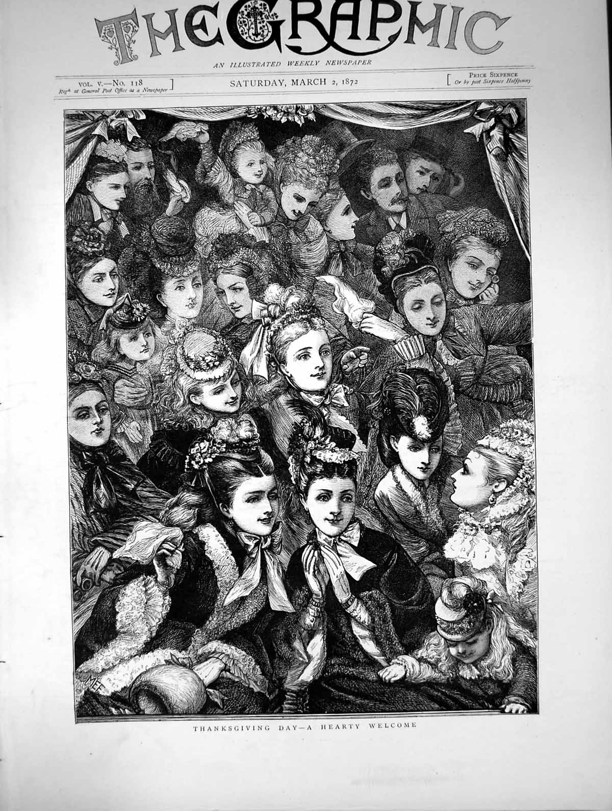 Antique Old Print Thanksgiving Day Hearty Welcome Happy Smiling Faces 1872 19th
