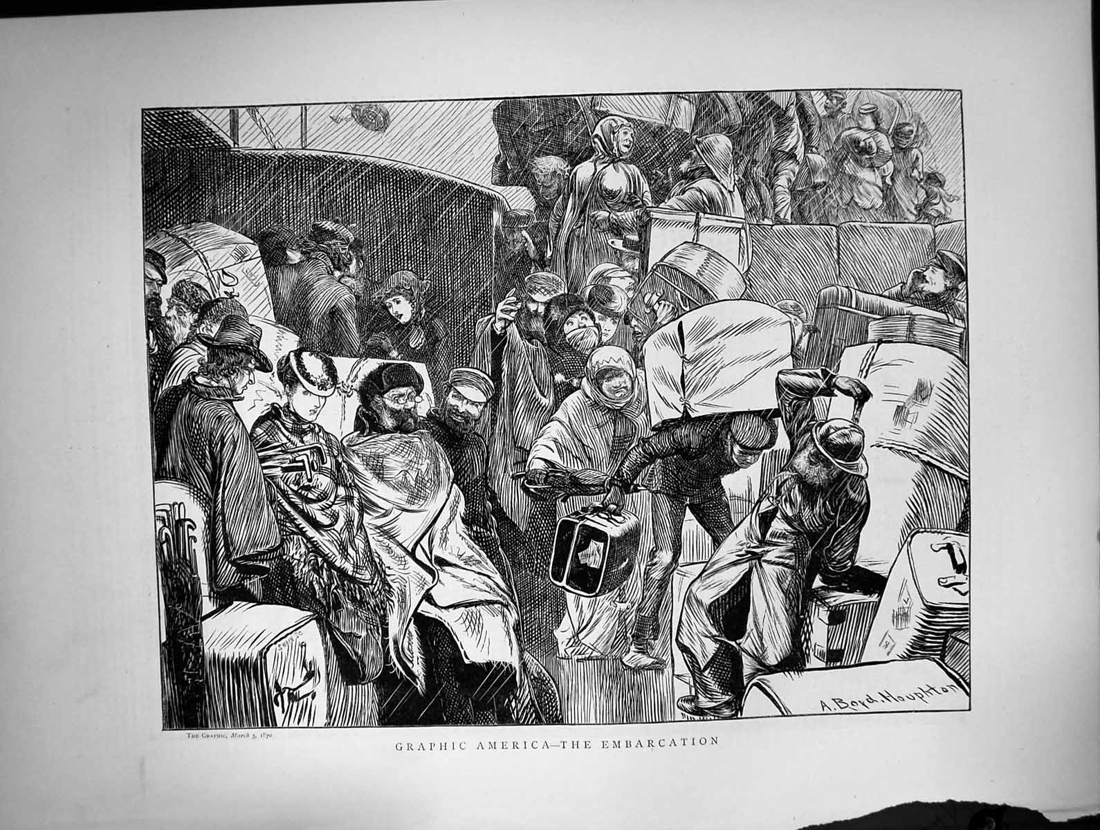 Antique Old Print Graphic America Embarcation Travellers Bags Luggage 1870 19th