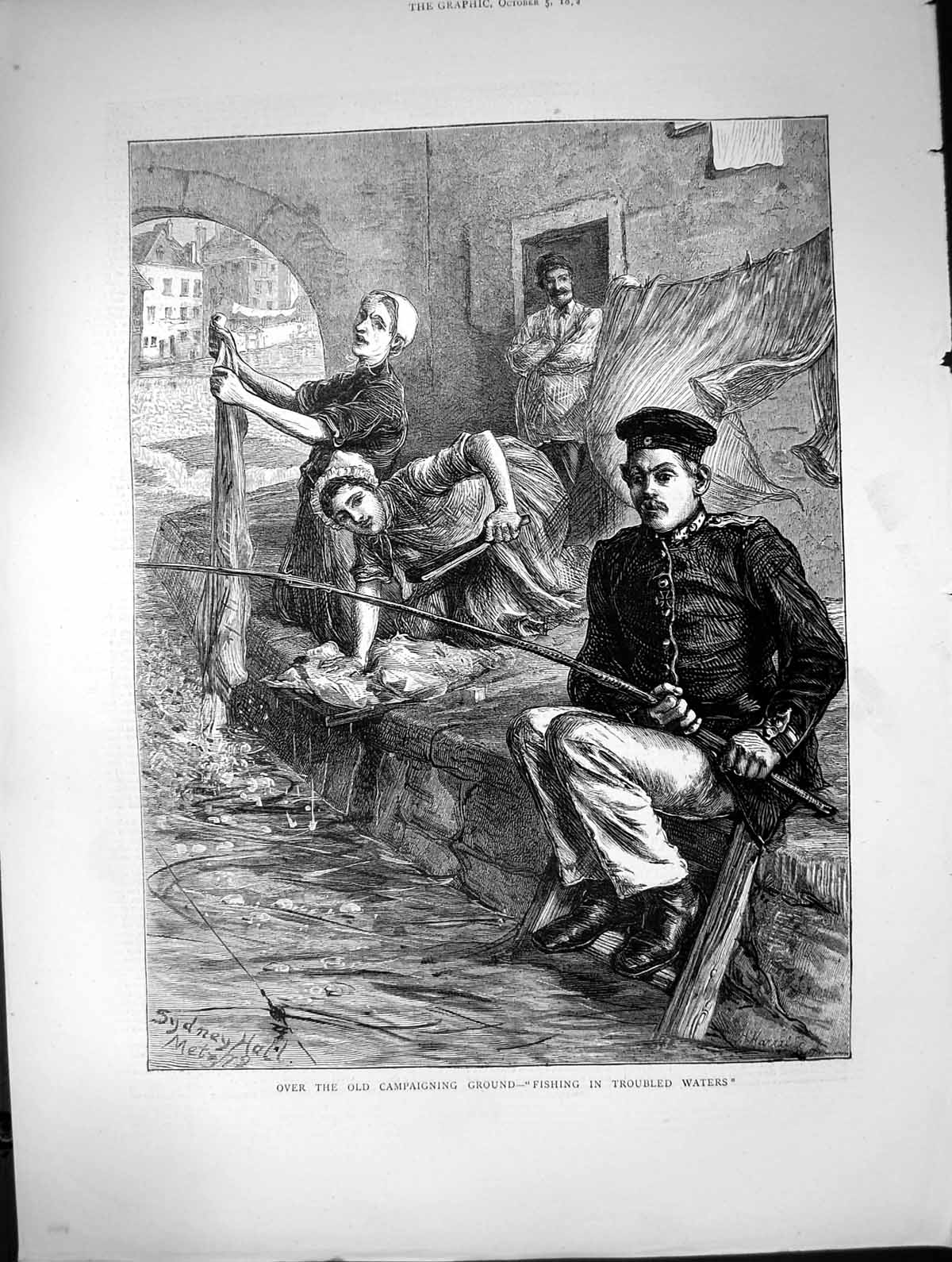 Original Old Antique Print Over Campaigning Ground Fishing Trobled Waters 1872