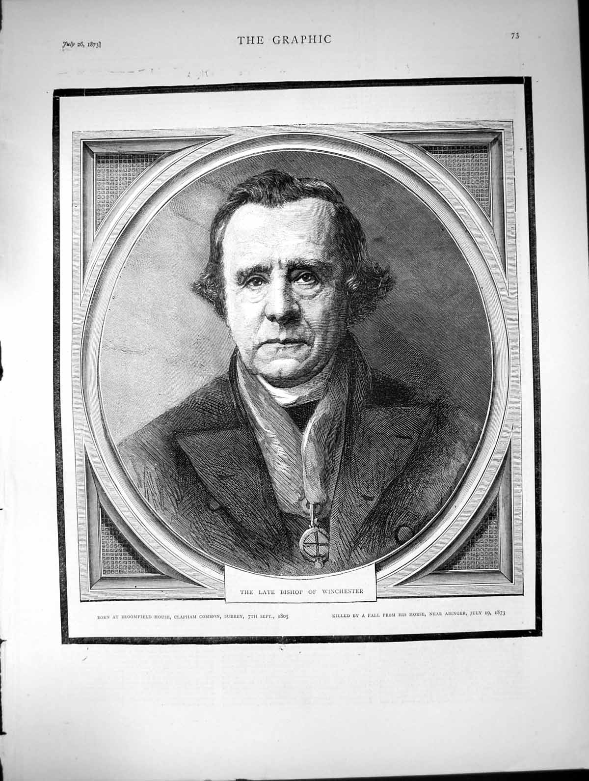 Antique Old Print Portrait Bishop Winchester Born 1805 Killed Fall Horse 1873