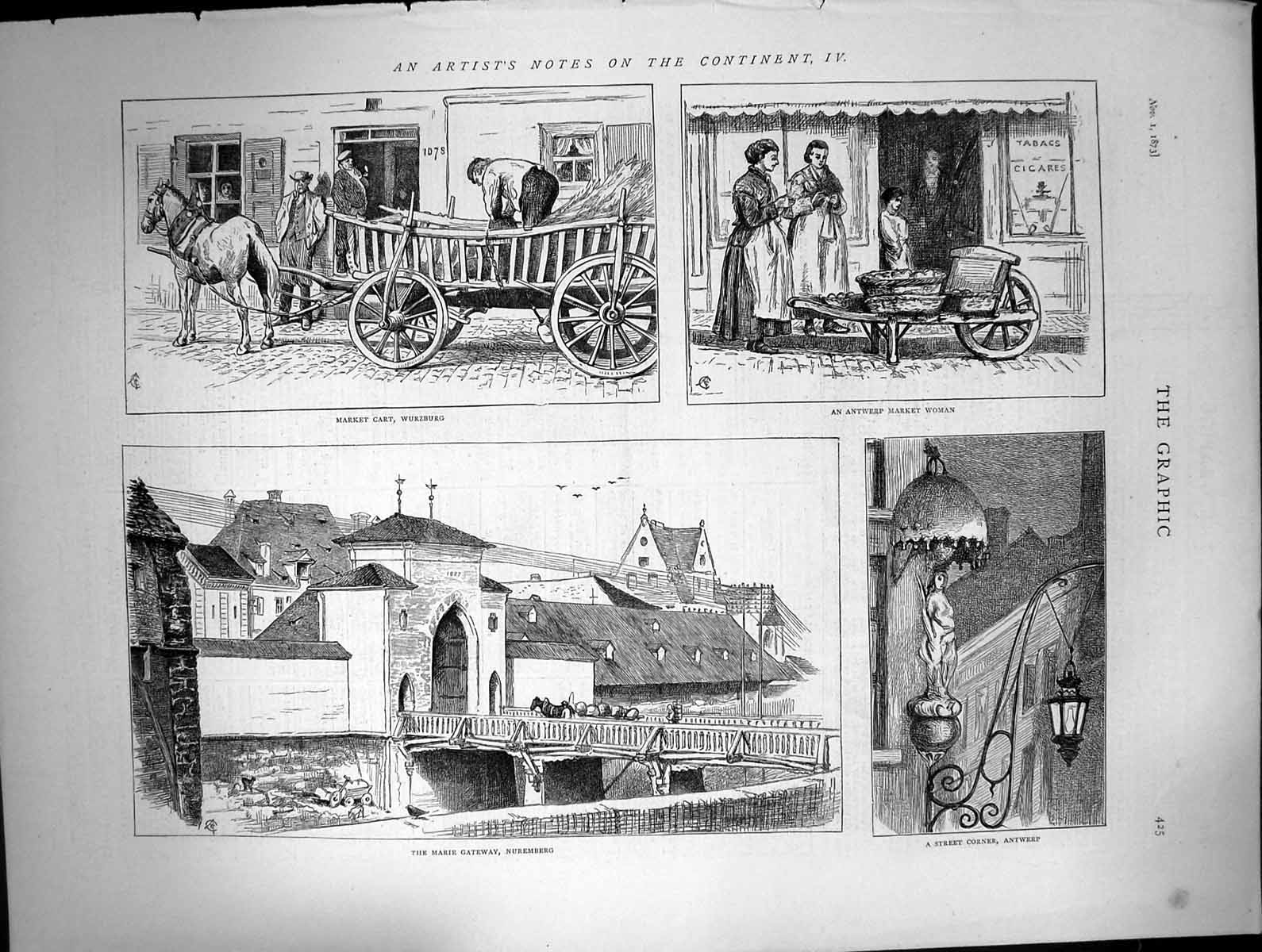 Antique Old Print Marie Gateway Nuremburg Market Cart Wurzburg Antwerp 1873