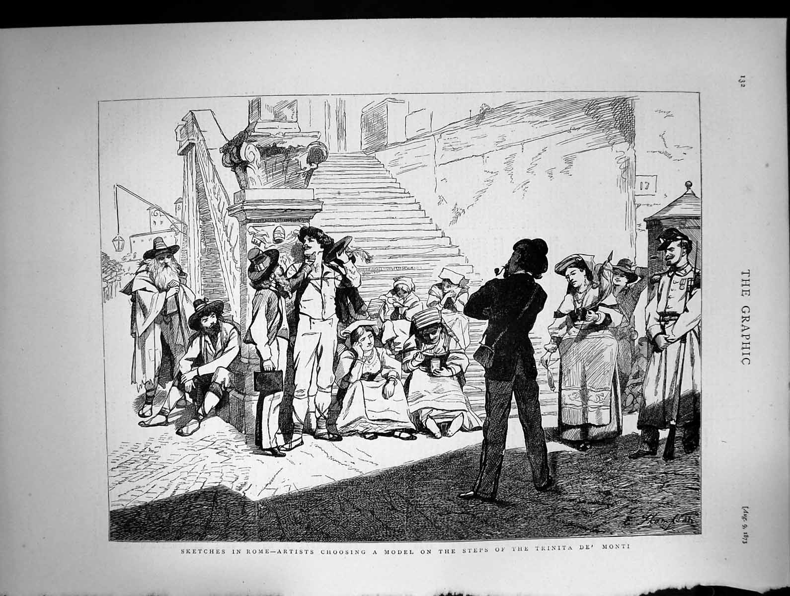 Old Antique Print Rome Artists Choosing Model Steps Trinita De Monti 1873 19th