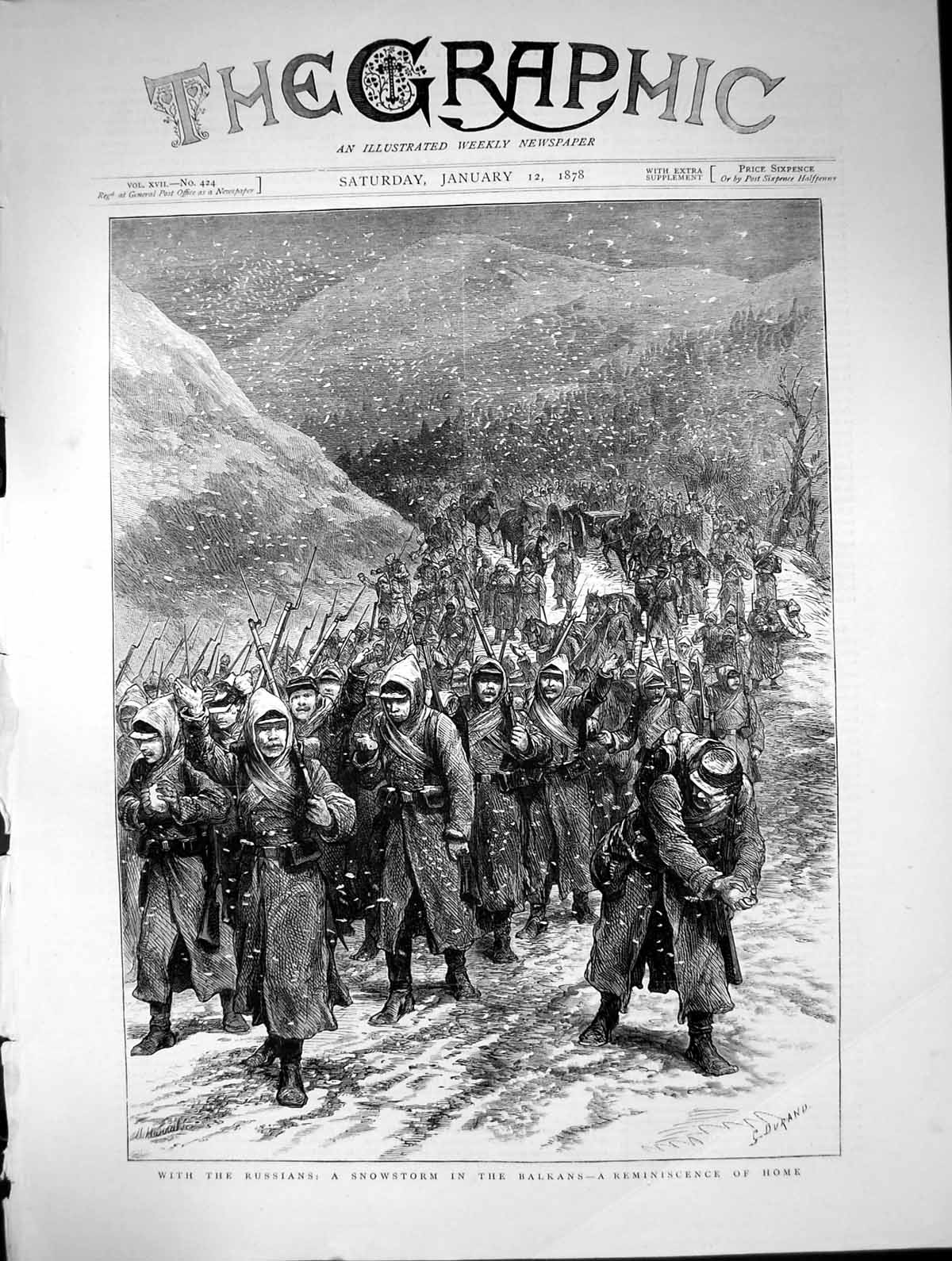 Original Old Antique Print Russians Snowstorm Balkans Army Marching 1878 19th