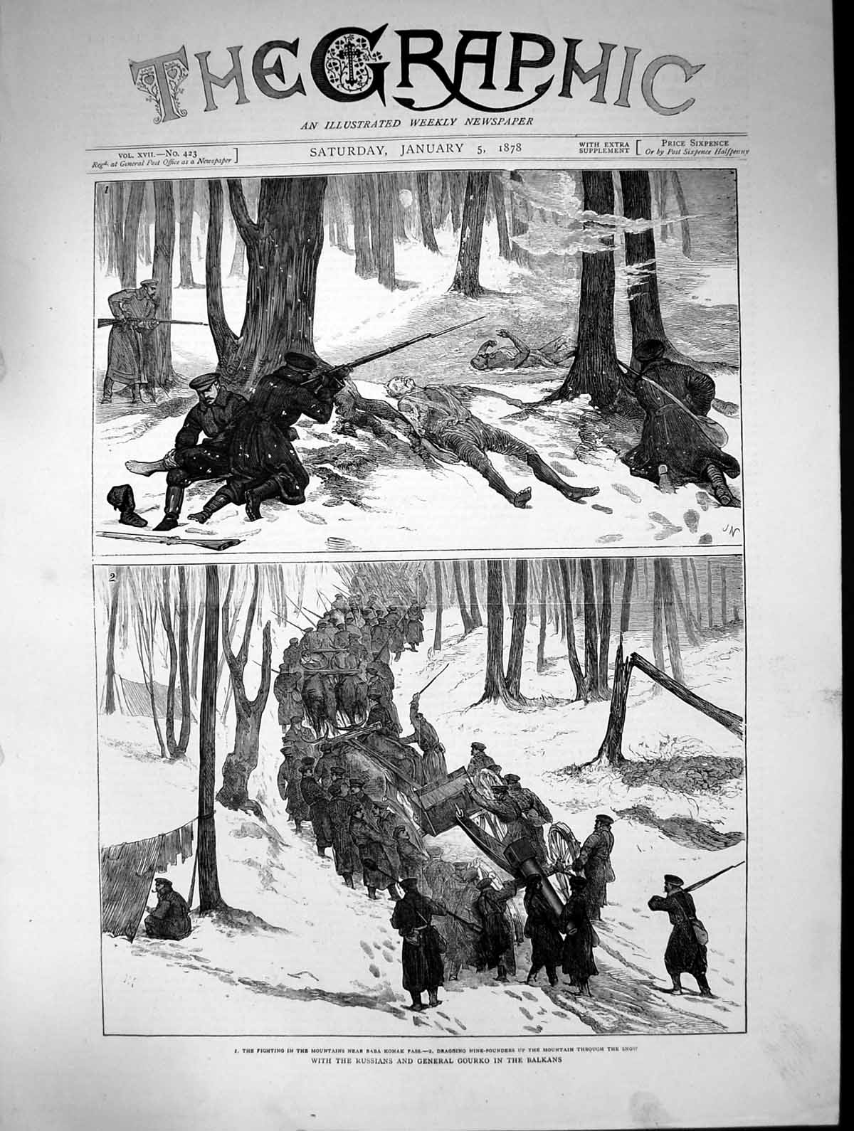 Old Antique Print Russians General Gourko Balkans Fighting Mountains 1878 19th