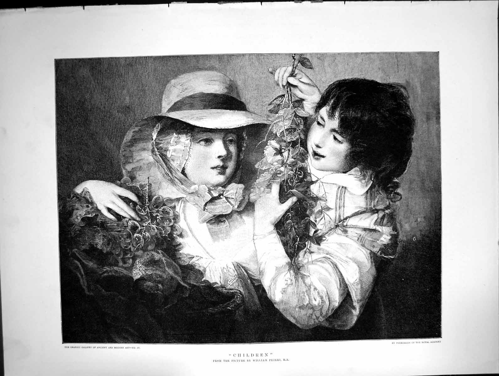 Original Old Antique Print Children William Peter Girl Boy Hing Grapes C 1878