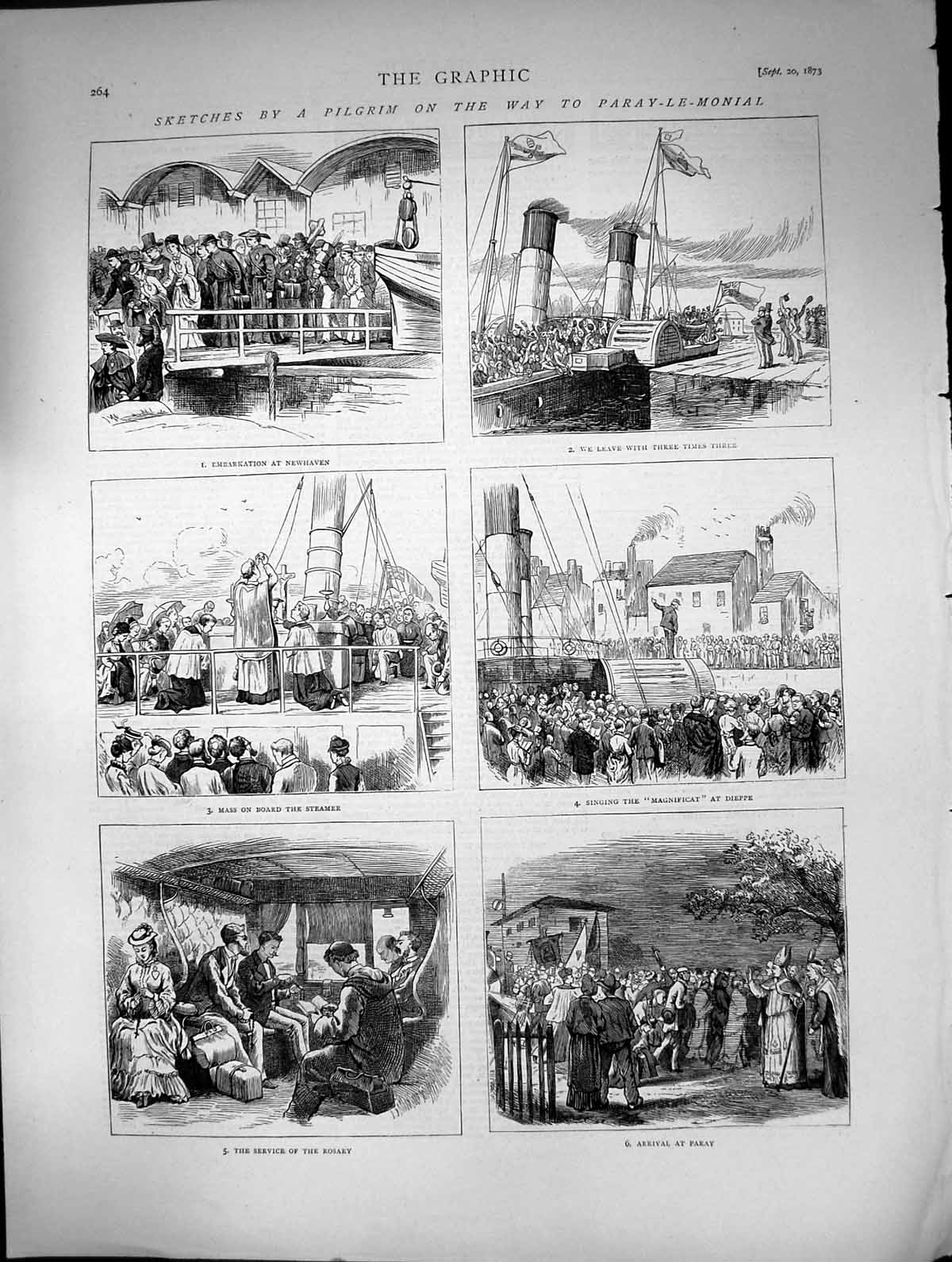 Old Print Sketches Pilgrim Way Paray-Le-Mondial Board Steamer Dieppe1873 19th