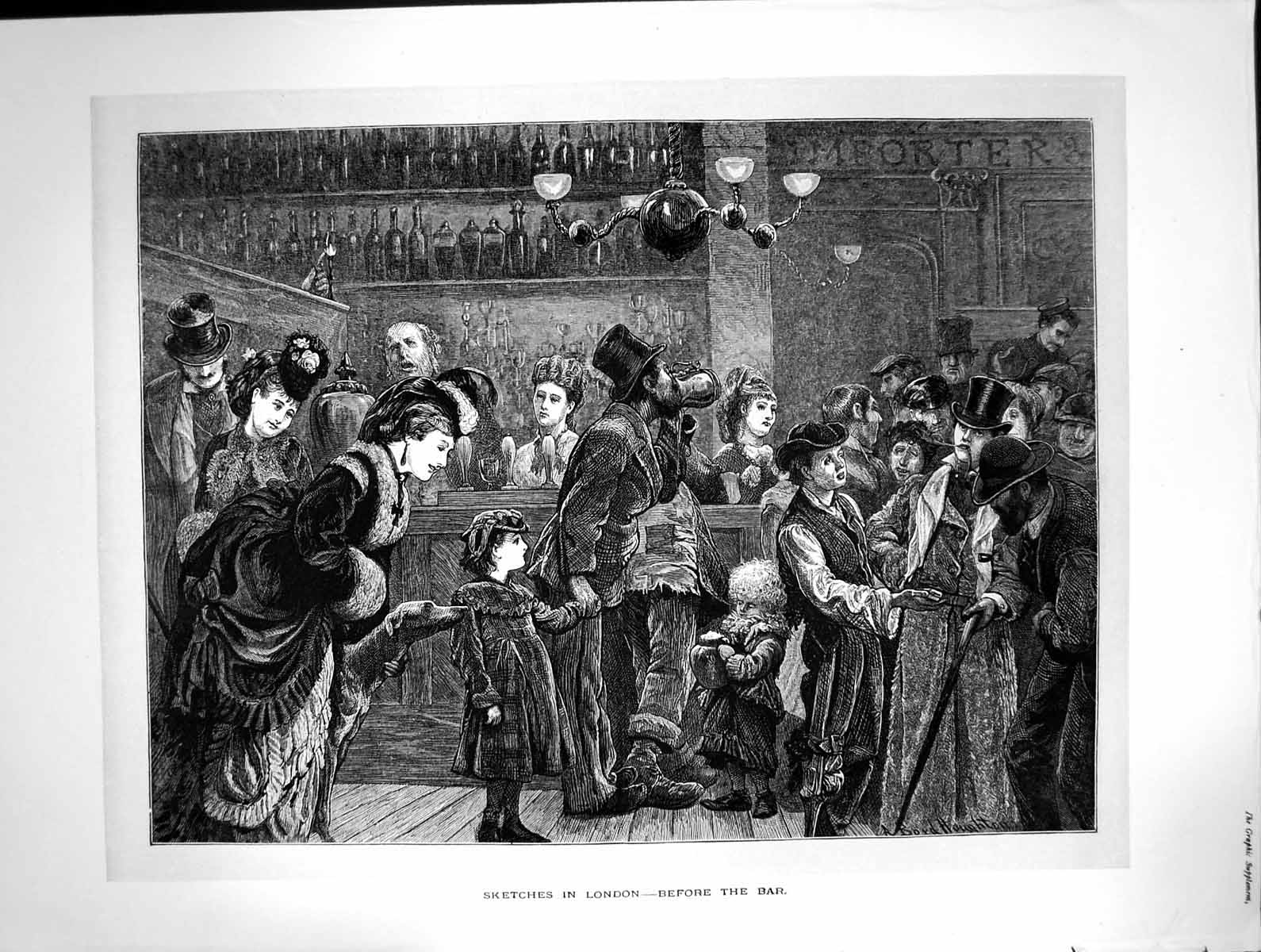 Antique Old Print Sketches London Before Bar Men Tophats Dog Children C1880