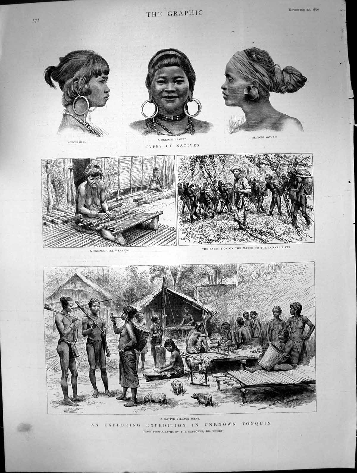 Antique Print Exploing Expedition Unknowntonquin Types Natives Village 1890