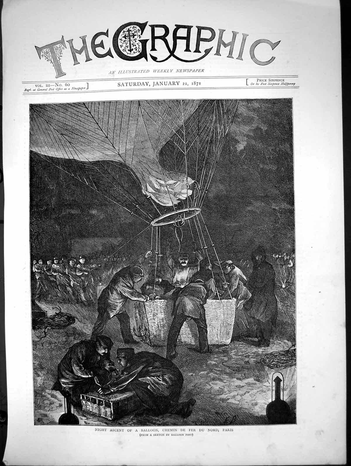 Old Antique Print Night Ascent Balloon Chemin De Fer Du Nord Paris 1871 19th