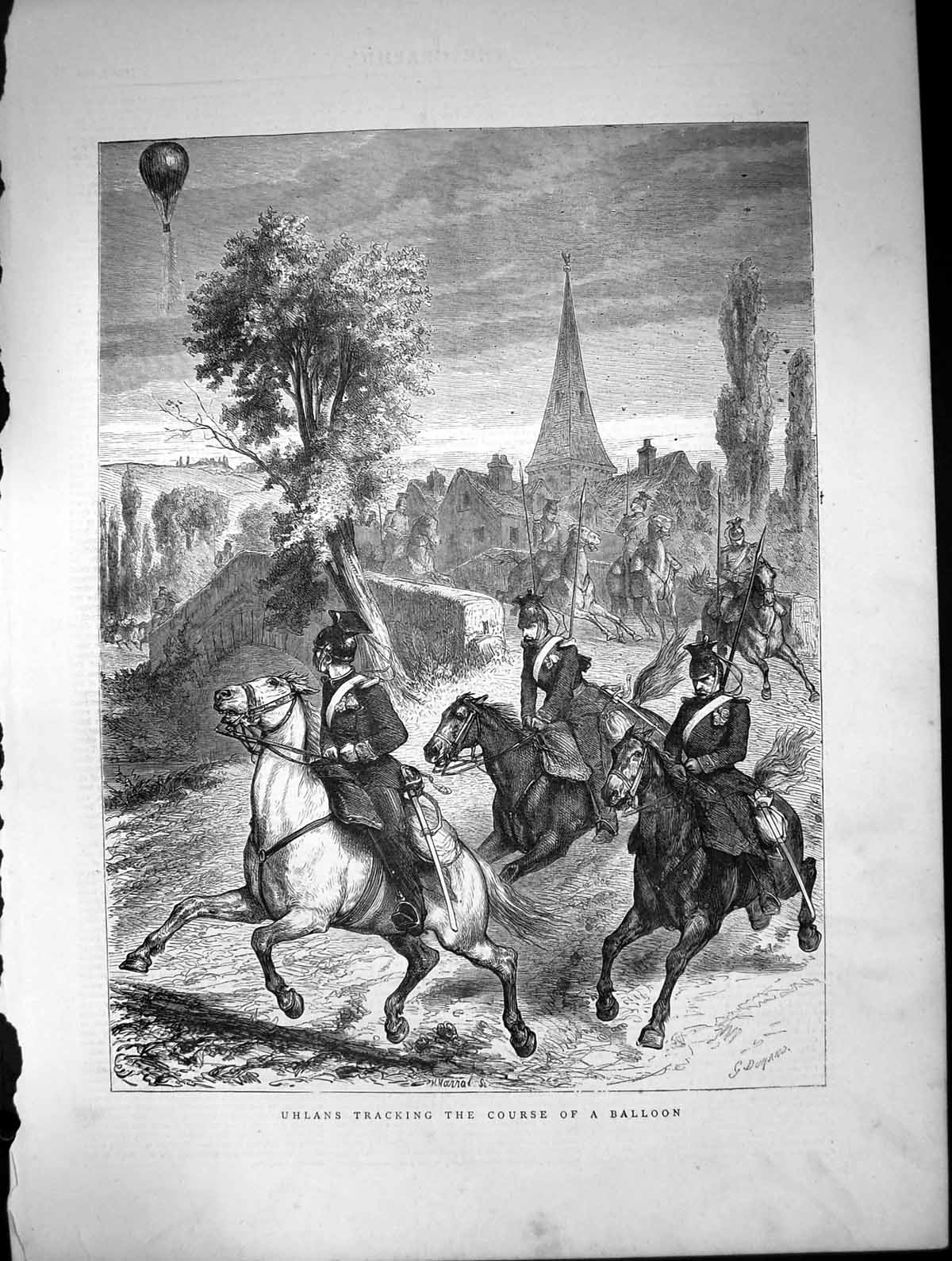 Antique Old Print Uhlans Tracking Course Balloon Horseback Bridge River 1870