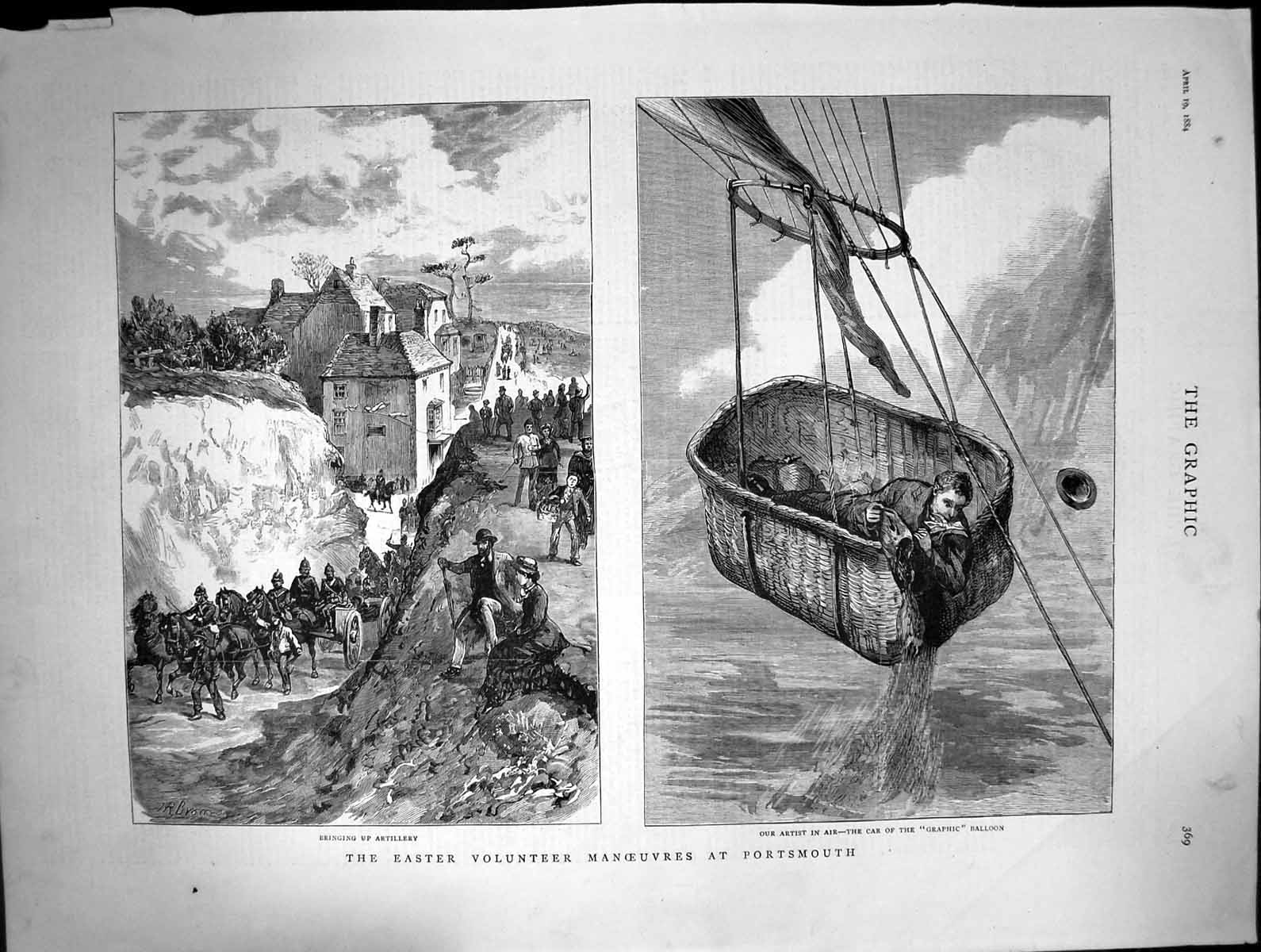 Original Old Antique Print Easter Volunteer Manoeuvres Portsmouth Balloon 1884