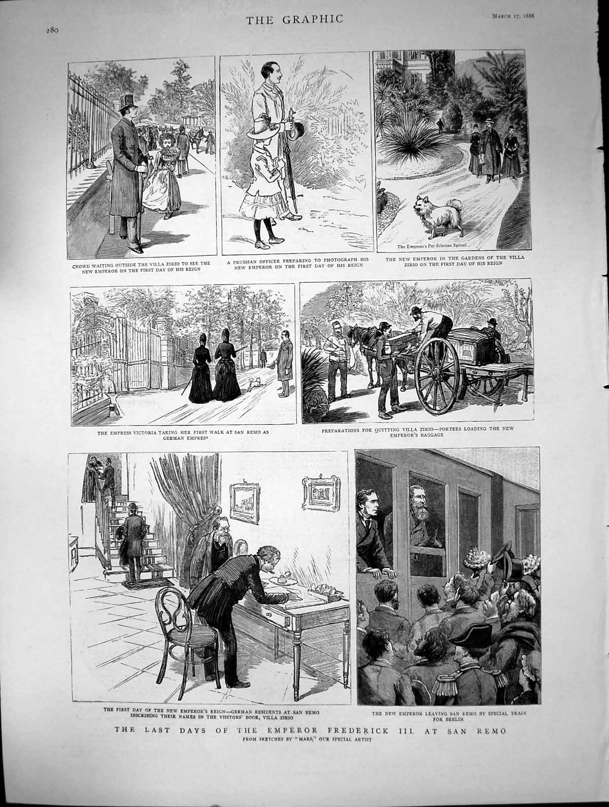 Antique Old Print Last Days Emperor Frederick 111 San Remo New Emperor 1888