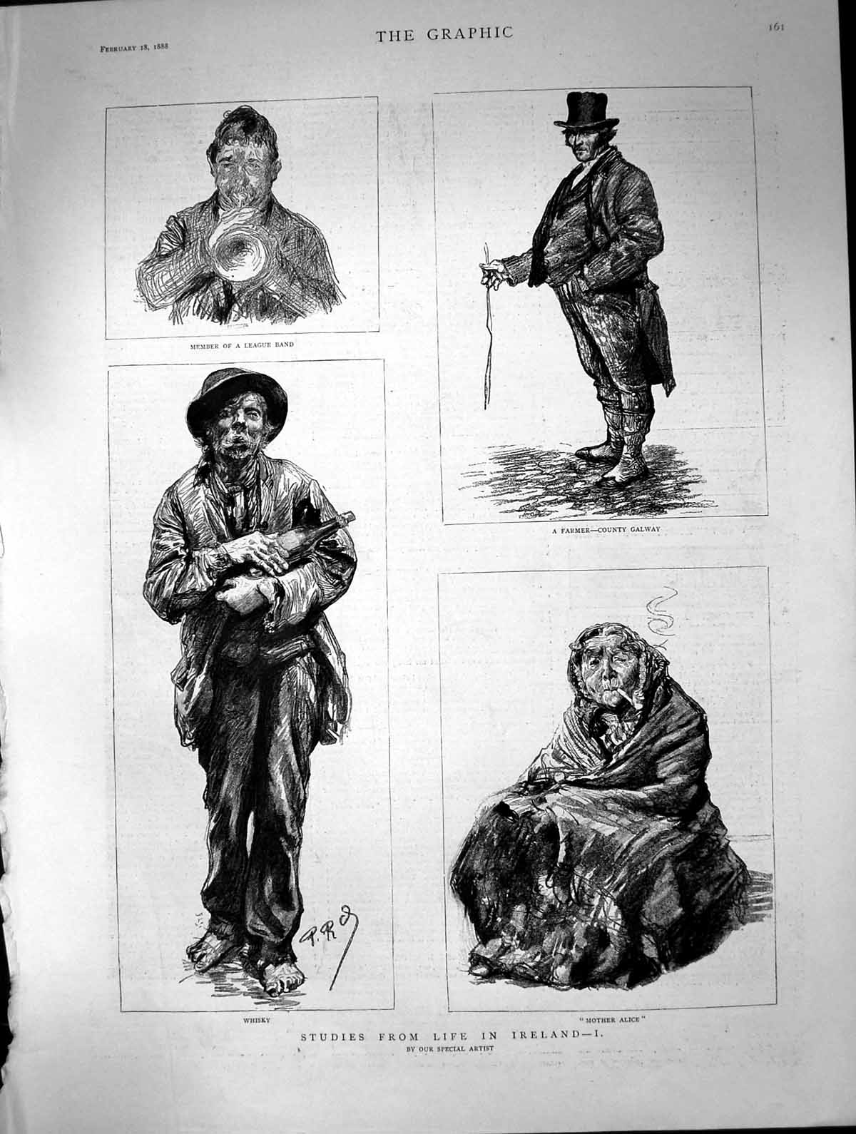 Antique Print Studies Life Ireland Member League Band Farmer Co Galway 1888