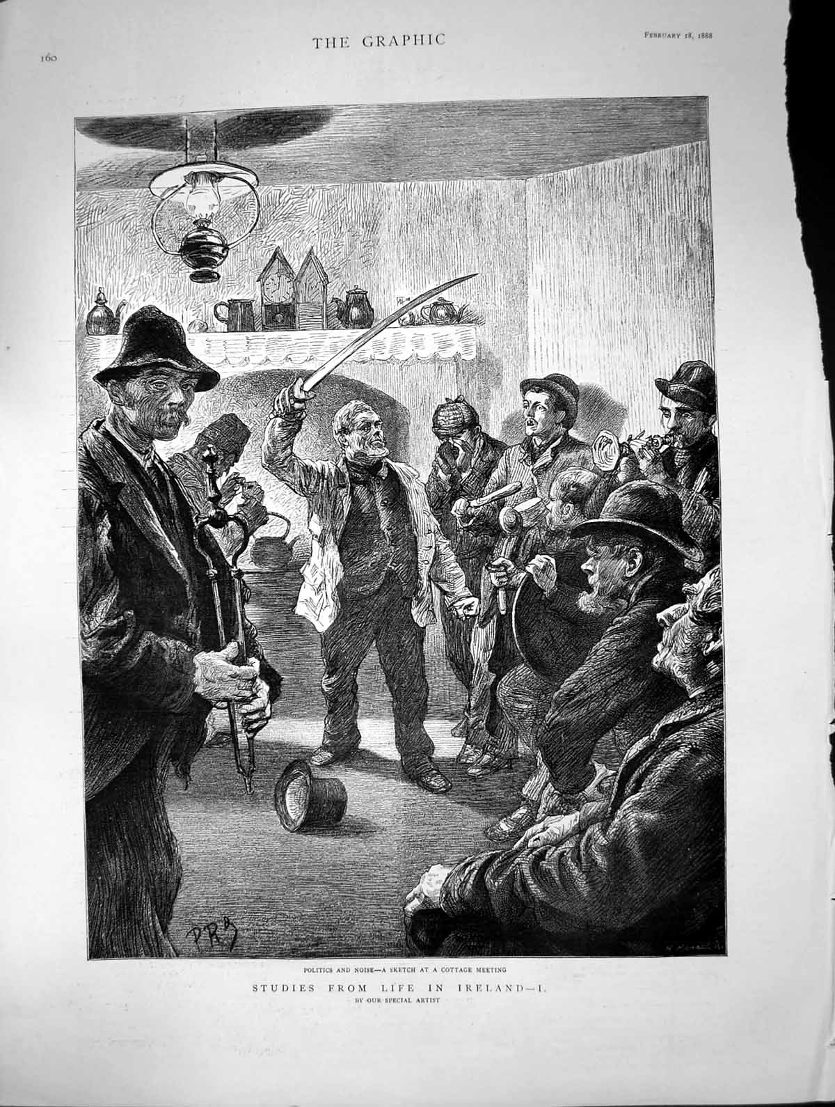 Old Antique Print Ireland Life Politics Noise Sketch Cottage Meeting 1888 19th