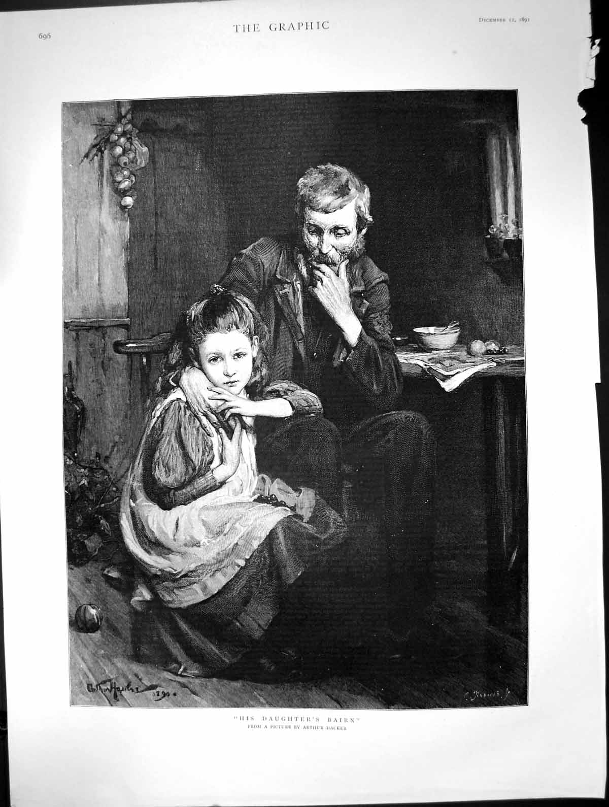 Original Old Antique Print His Daughters Bairn Arthur Hacker Man Girl 1891 19th