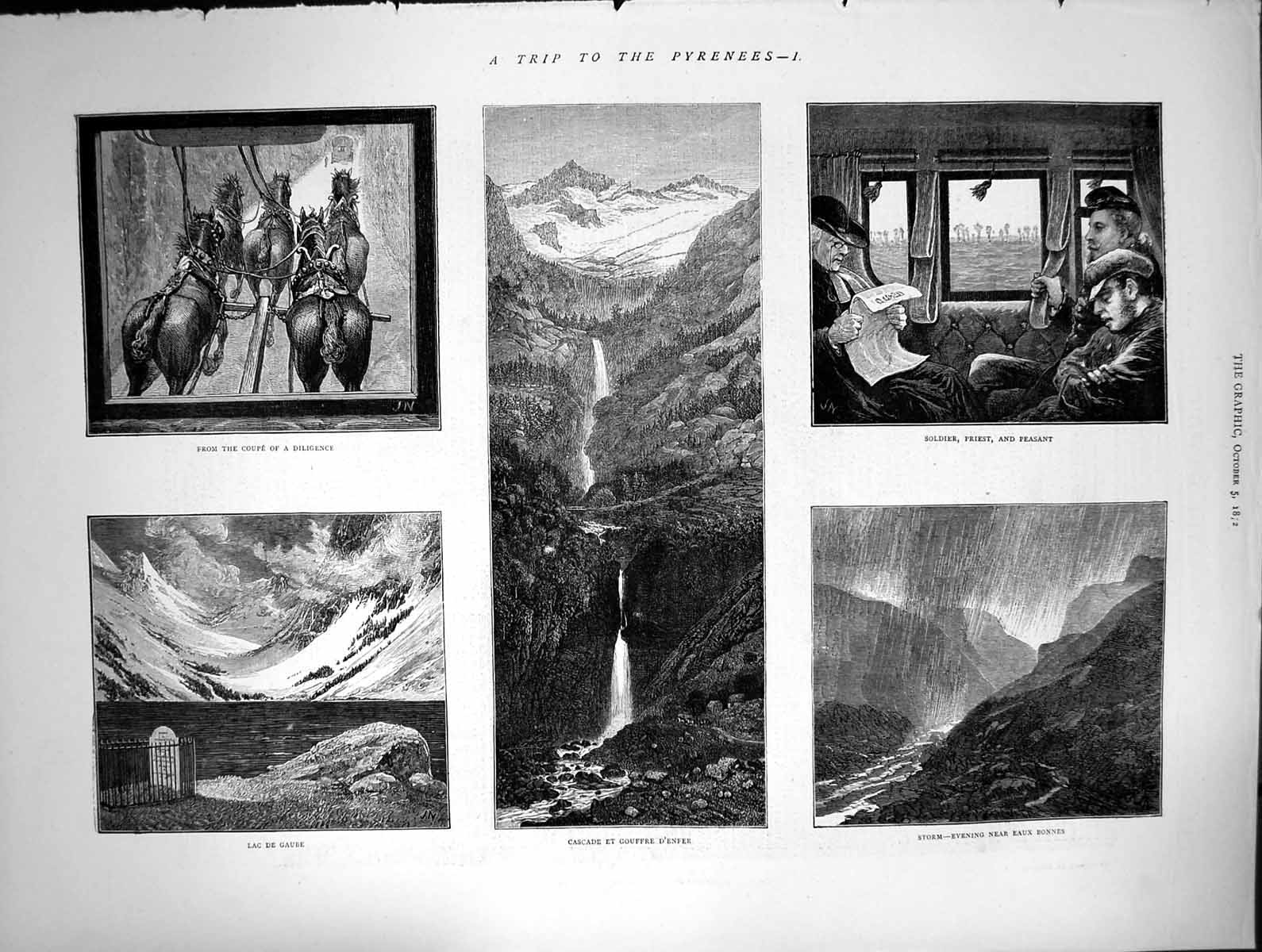 Old Antique Print Trip Pyrenees Cascade Gouffre D'Enfer Lac De Gaube 1872 19th