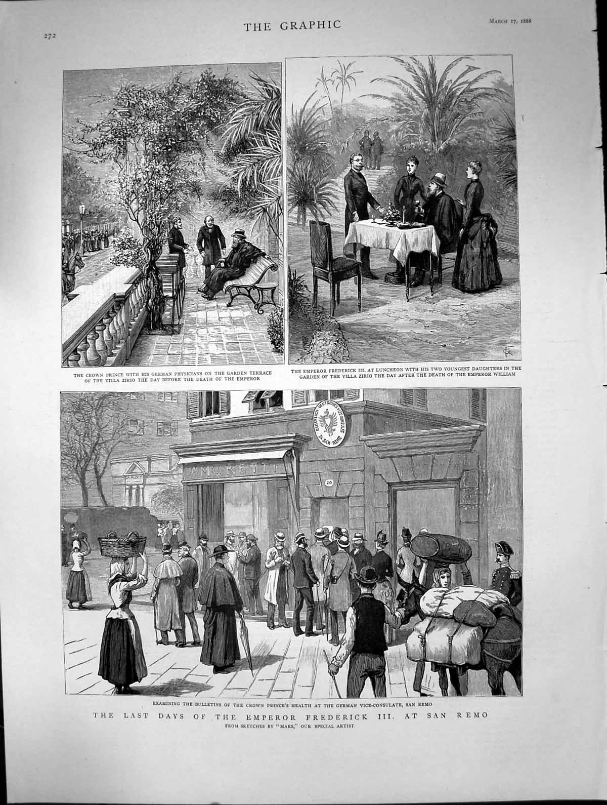 Old Print Last Days Emp Frederick111 Villa Zirio San Remo Physicians 1888