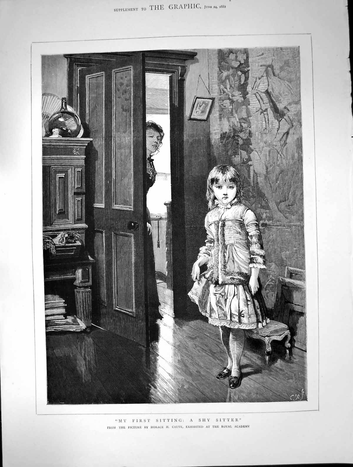 Antique Old Print My First Sitting Shy Sitter Horace Cauty Young Girl 1882 19th