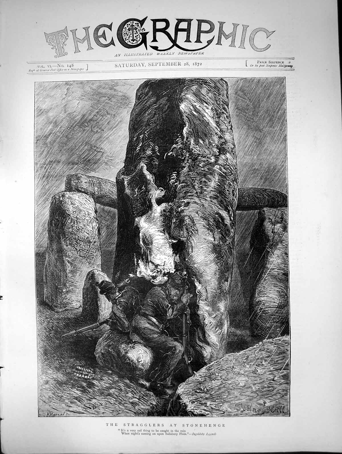 Antique Old Print Stragglers Stonehenge Sydney Hall Siers Shelter Rain 1872