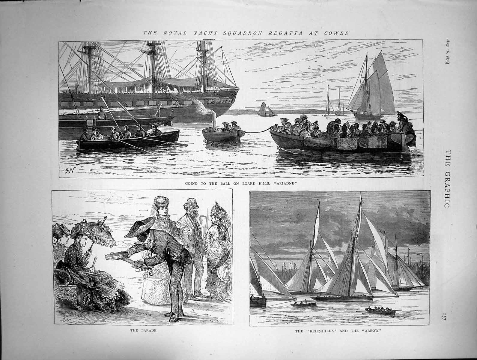 Old Print 1873 Royal Yacht Squadron Cowes H.M.S. Ariadne Kriemhilda Arrow 19th